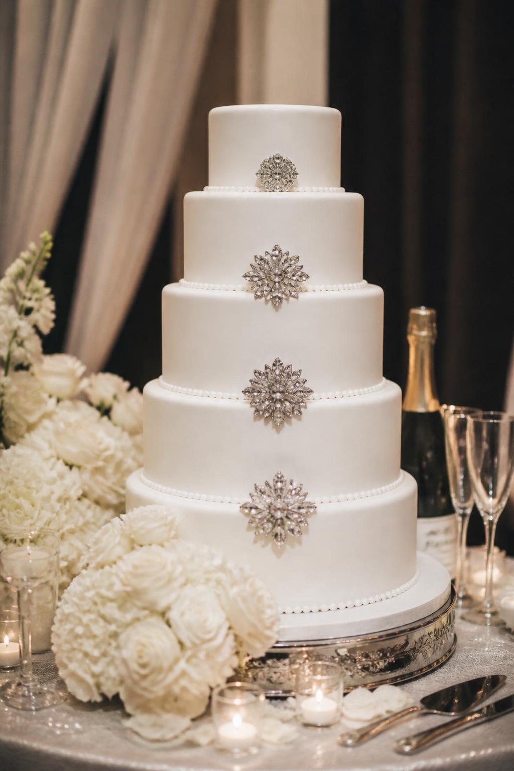 Image Prompt: Ultra-realistic wedding party scene featuring an all-white tiered wedding cake decorated with crystal brooches placed elegantly on each tier. The cake sits on a decorated reception cake table with white florals, candles, fine linens, and upscale wedding decor. The mood should feel romantic and polished, like a real luxury wedding. No faces visible. If guests appear, show only blurred shoulders, back views, or hands near the cake table. The crystal brooches should look realistic and refined, with natural sparkle and detailed icing texture. Editorial wedding photography, ultra-realistic, soft flattering light. (no watermarks on images)