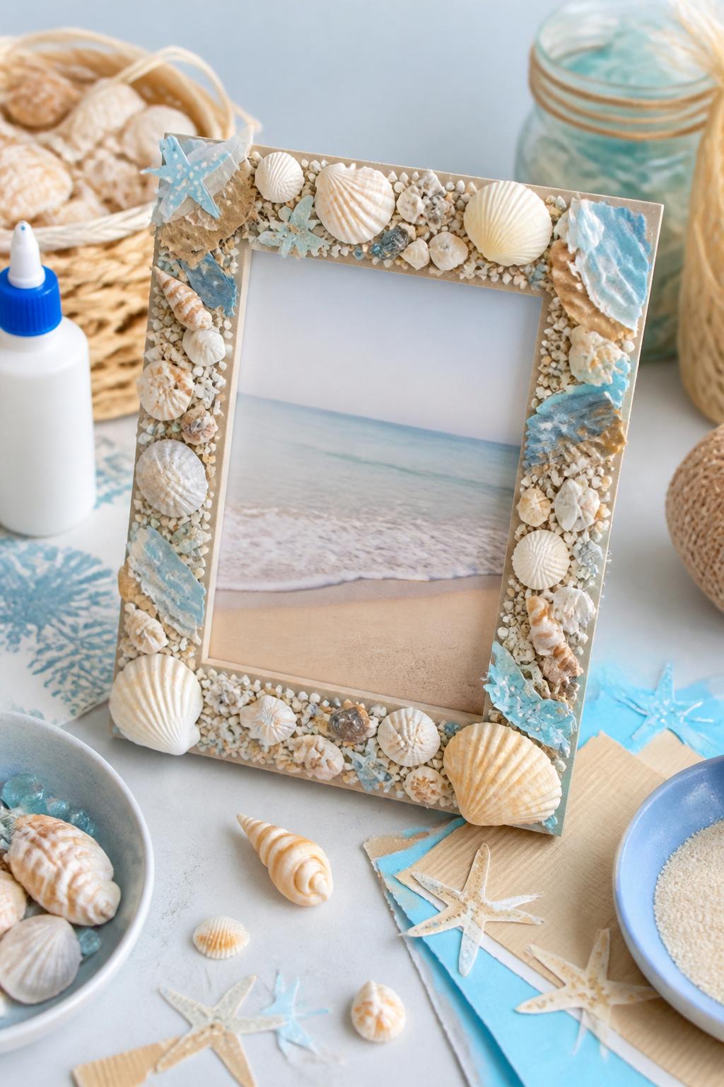 Detailed Image Prompt:
A sweet summer craft photo of a handmade seashell memory frame, simple cardboard or wooden frame decorated with small shells, sand-colored paper, tiny paper starfish, and soft blue accents, placed on a light craft table with glue, extra shells, and beach-themed craft supplies, calm coastal summer look, no people, no readable text, no watermark on images.