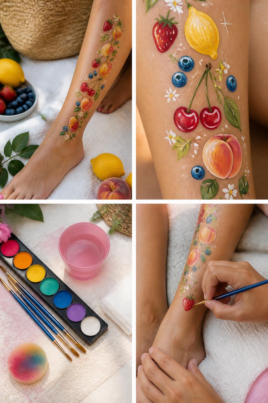 Detailed Image Prompt:
A realistic editorial 2x2 collage grid showing a summer fruit trail leg painting, top-left finished design with tiny painted strawberries, lemons, cherries, peaches, and blueberries flowing from ankle to calf, top-right close-up of fruit shapes, leaves, and small highlight details, bottom-left flat lay of skin-safe body paints, fine brushes, sponge, wipes, and water cup, bottom-right cropped hands painting a small strawberry on the lower leg, bright summer craft setting, no faces, no text, no watermark on images.