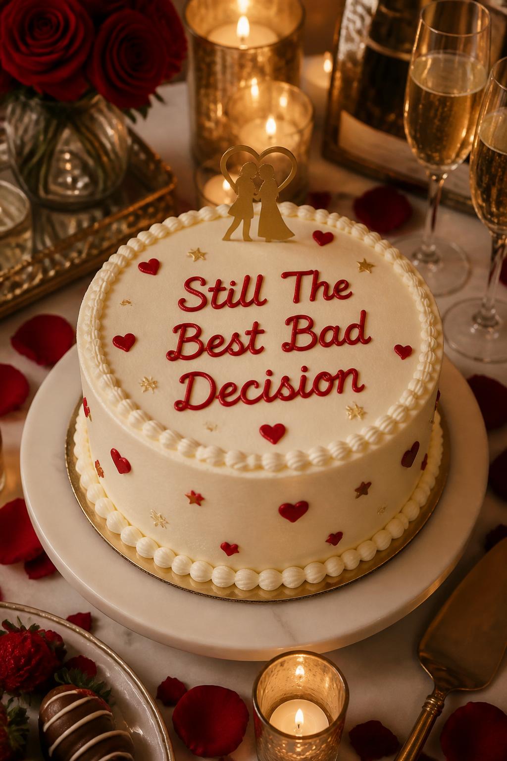 Image Prompt: A cheeky anniversary cake with smooth cream buttercream, neat red piped lettering that says “Still The Best Bad Decision,” tiny hearts, gold stars, pearl borders, and a small romantic topper. Style it on a stylish dessert table with candles, champagne glasses, rose petals, and warm lighting. Make it funny, romantic, and realistic, no people, no faces, no text overlay, no watermark. (no watermarks on images)
