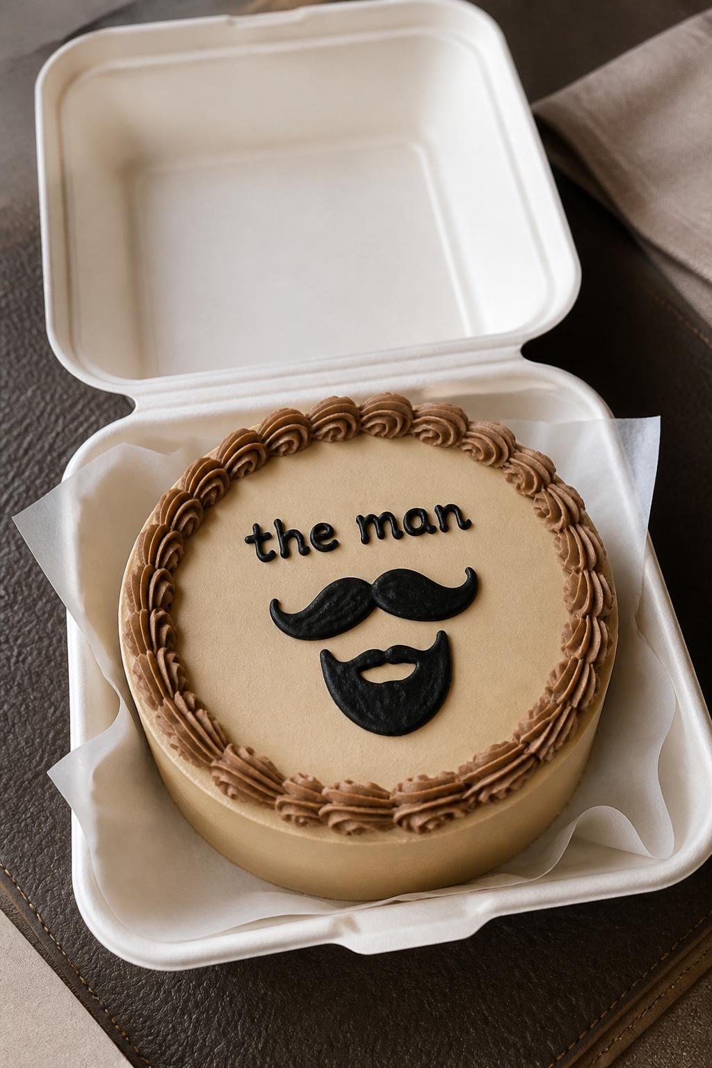 Image Prompt:
A cute masculine bento cake for men inside an open white cake box, smooth beige frosting, small black icing mustache and beard icon in the center, neat brown piped border, short text reading “the man,” modern fun dessert styling, realistic close-up bakery photo, no people, no hands, no faces, no watermarks on images