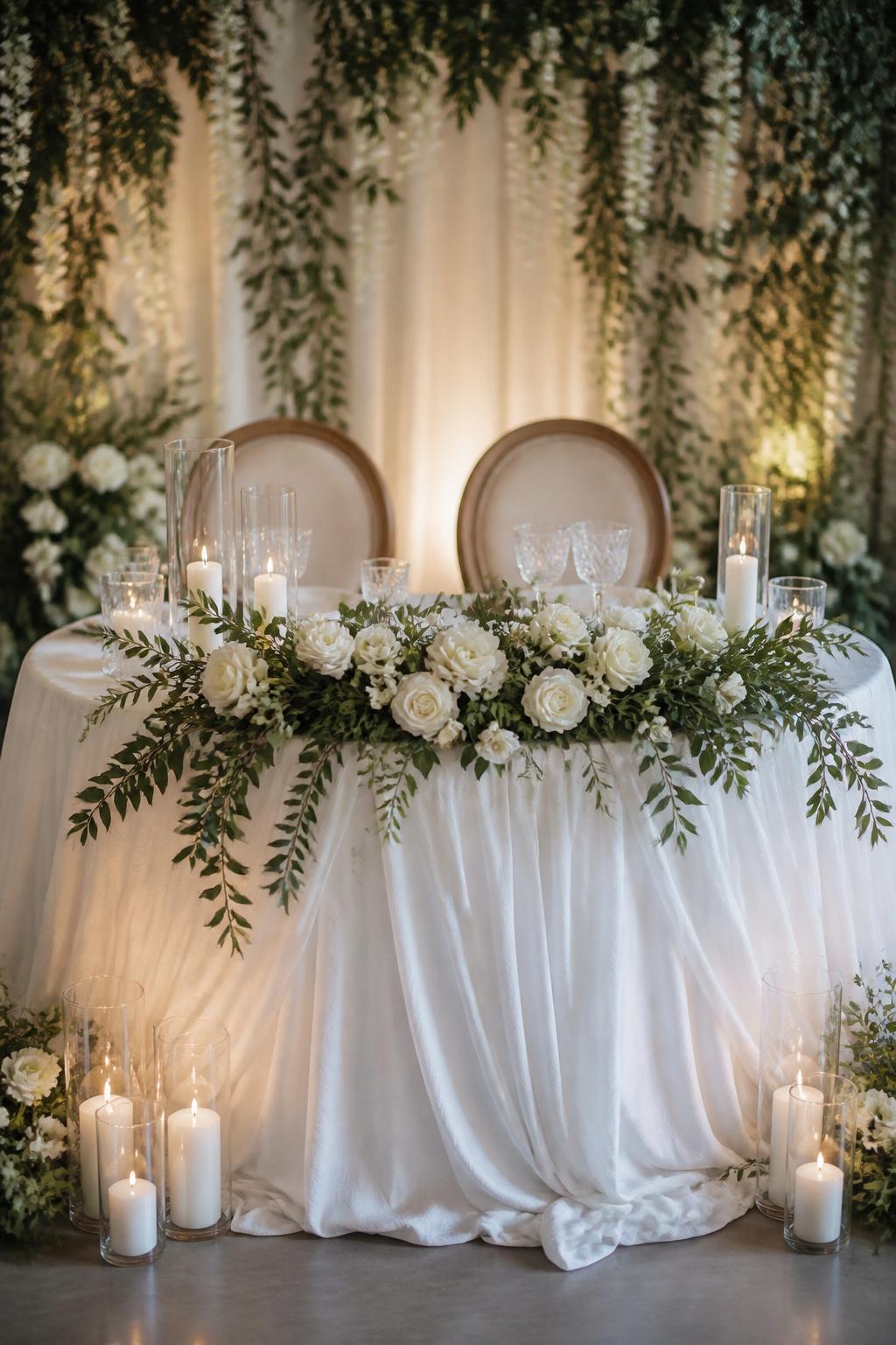 Image Prompt:
A romantic sweetheart table decorated with white flowers, soft greenery, candles, elegant white linen, crystal glasses, and a floral arrangement across the front of the table. Green and white color palette, warm reception lighting, no visible faces, no full people, sweetheart table-focused composition, no text, no watermark, realistic DSLR wedding photography, (no watermarks on images)