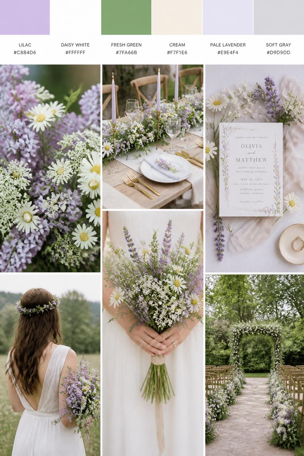 A realistic wedding inspiration mood board with a top row of color swatches and small hex codes in lilac, daisy white, fresh green, cream, pale lavender, and soft gray. Under the swatches, show a clean collage of wildflower wedding visuals: lilac flowers, white daisies, fresh greenery, simple table settings, floral invitation styling, a hands-only bouquet close-up, a back-view bride holding a wildflower bouquet with no face visible, and no-people garden ceremony decor with small floral aisle markers. The mood should feel fresh, sweet, airy, and romantic with realistic DSLR photo quality. 9:16 vertical format. Avoid clear faces. (no watermarks on images)