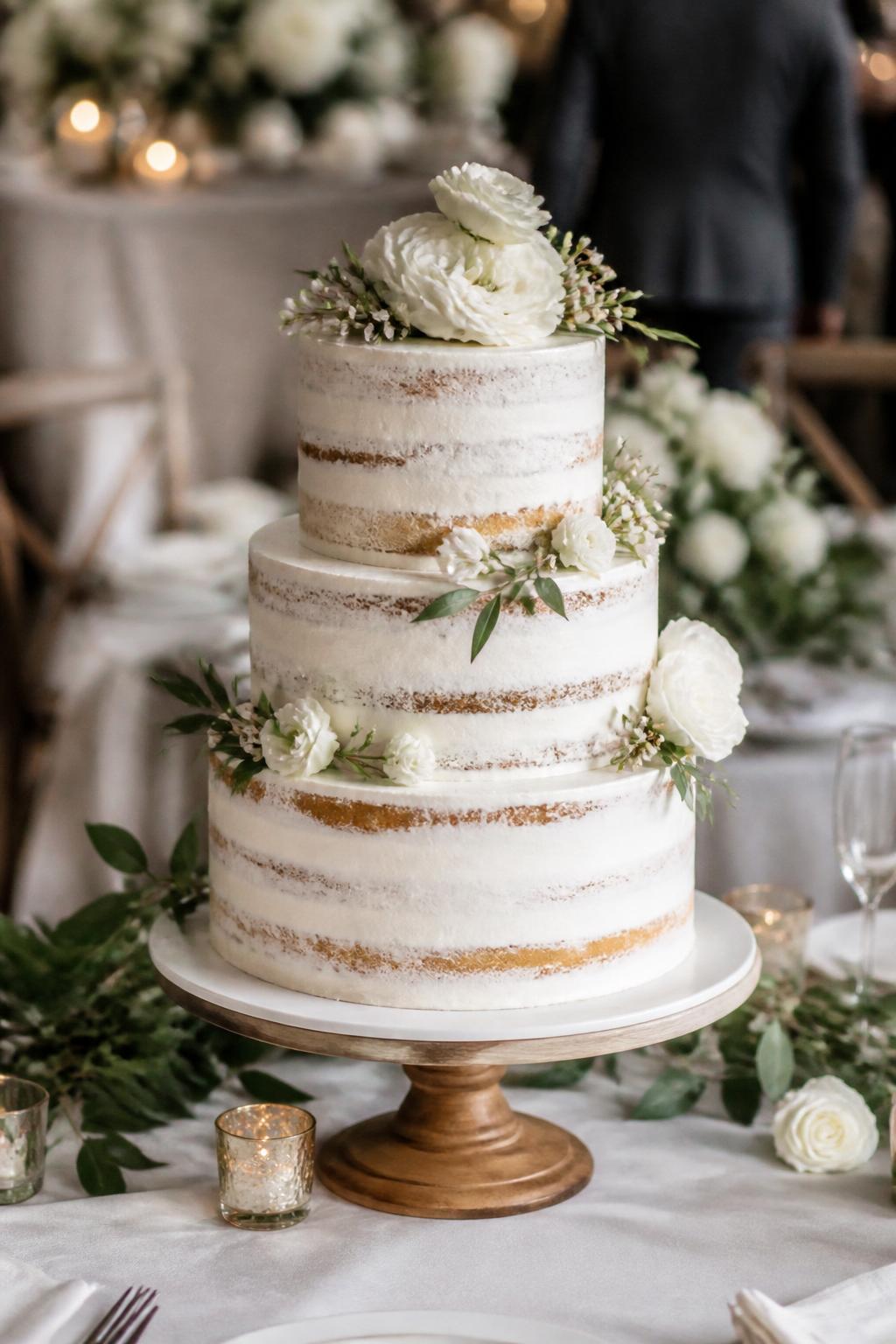 Image Prompt: Ultra-realistic wedding reception photo of a classic vanilla naked wedding cake with visible pale sponge layers, soft white buttercream between each layer, and a thin scrape of frosting around the outside. Style the cake on a wooden or white cake stand at a real wedding party scene with white flowers, soft greenery, candles, linen-covered tables, and blurred reception decor in the background. Keep the cake as the main focus. No visible faces. If people appear, show only cropped hands, side views, back views, or blurred neck-down figures. Natural DSLR wedding photography, realistic cake texture, soft warm light, Pinterest-worthy composition. (no watermarks on images)