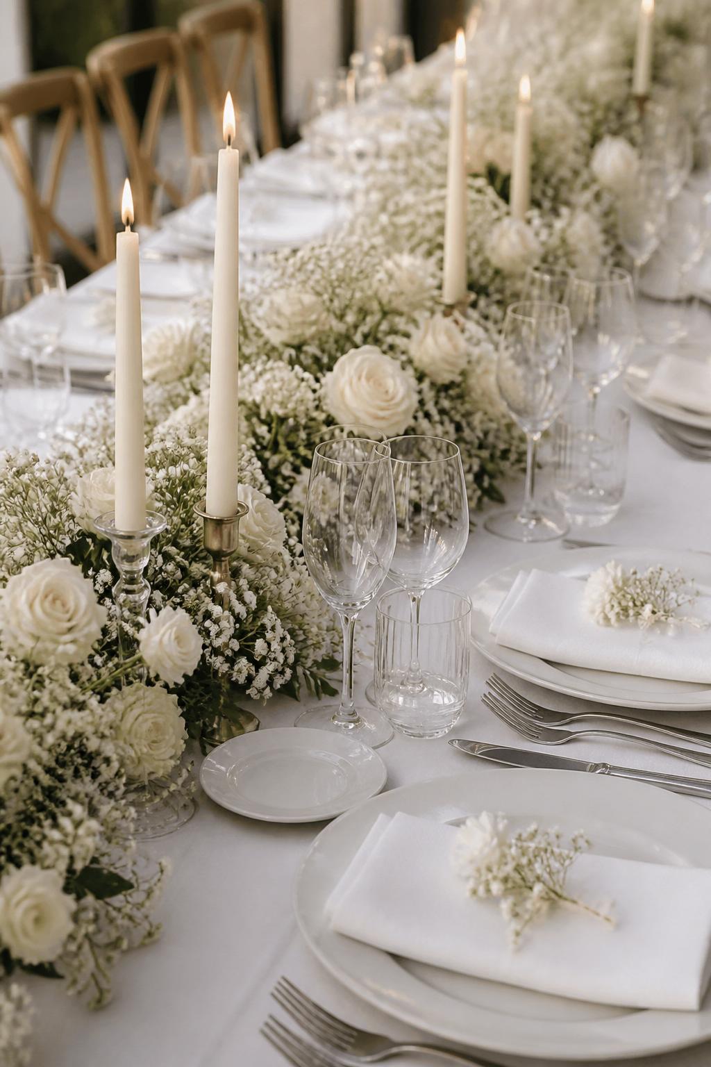 Image Prompt:
A charming editorial wedding table photo showing a white floral runner made with white roses and baby’s breath, paired with ivory taper candles, white linen, white ceramic plates, folded napkins, and clear glasses. Romantic reception setting with soft natural light, no visible faces, no text, no watermark, professional wedding photography, (no watermarks on images)