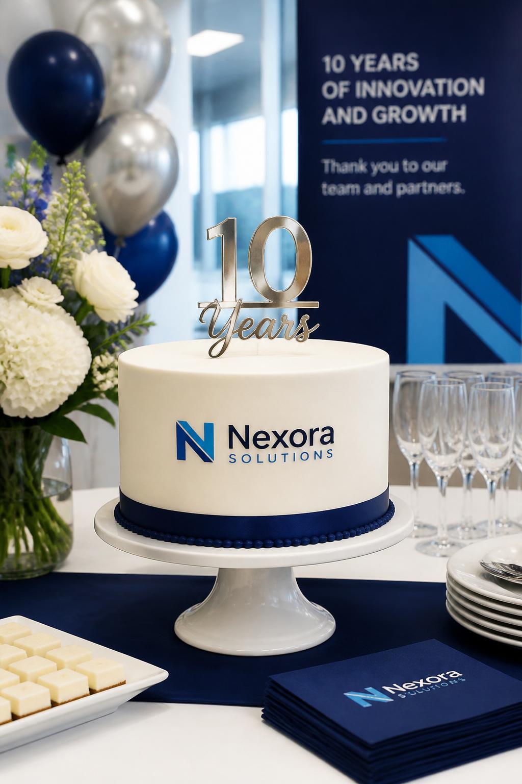 Image Prompt: A professional company anniversary cake with smooth white fondant, a clean edible company logo placed neatly on the front, subtle brand color accents, and a simple metallic anniversary topper. Style it on a modern corporate dessert table with branded napkins, glassware, soft office event lighting, and elegant floral accents. Make it realistic, polished, and editorial, no people, no faces, no watermark. (no watermarks on images)