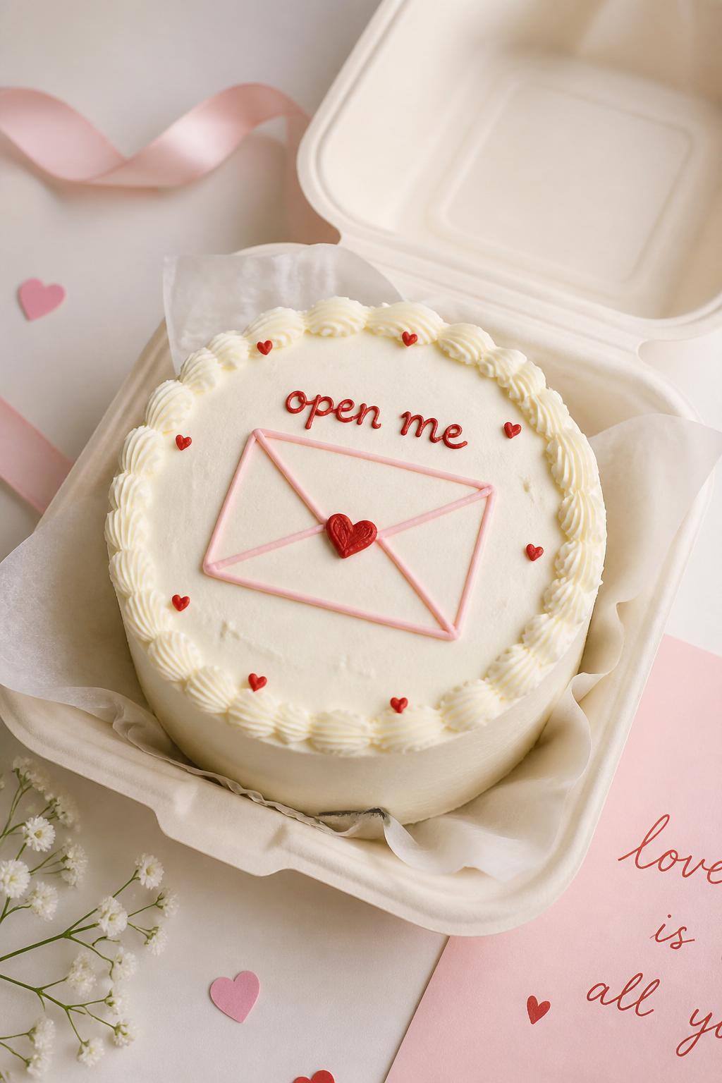 Image Prompt:
A cute love letter bento cake for boyfriend, soft white buttercream frosting, tiny envelope design in pale pink and red icing, small red heart seal on the envelope, icing text reading “open me,” delicate piped border, placed inside a clean white bento box, romantic stationery-inspired styling, soft pastel background, realistic editorial food photography, no people, no hands, no faces, no watermarks on images