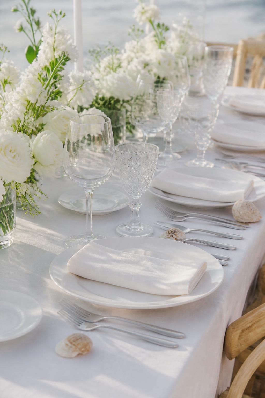 Image Prompt:
A close editorial coastal wedding table photo showing elegant place settings with white plates, folded linen napkins, one small tasteful seashell accent beside each setting, clear crystal glasses, polished flatware, and soft white floral details. No visible faces, no text, no watermark, realistic professional wedding photography, (no watermarks on images)