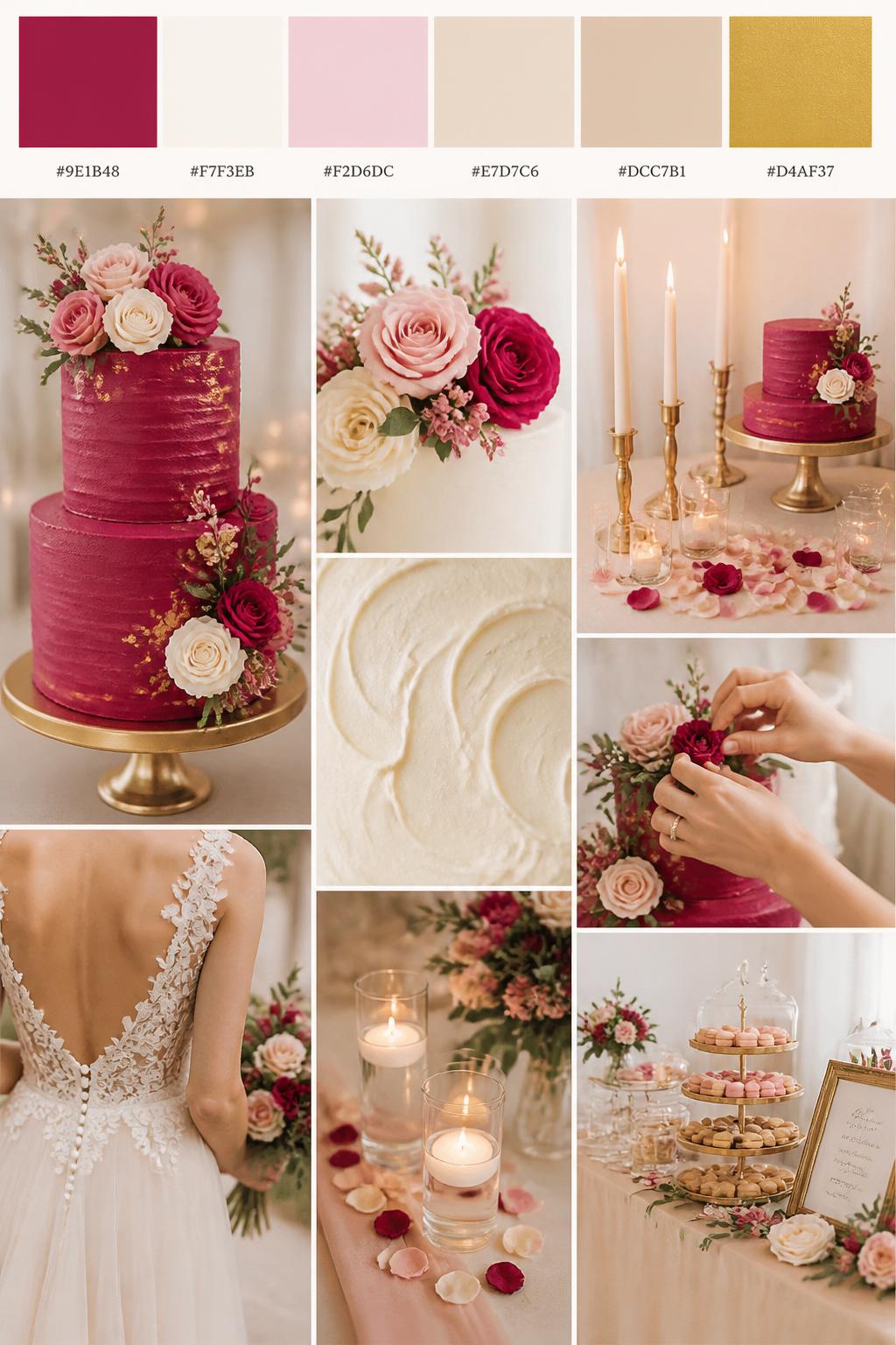 Image Prompt:
A realistic wedding color scheme mood board with a top swatch strip and small hex codes in raspberry, ivory, blush pink, champagne, warm beige, and soft gold. Below, create a soft romantic collage of a raspberry wedding cake, floral cake accents, ivory buttercream frosting, elegant cake table styling, candles, floral petals, hands placing flowers near the cake, a back-view bridal detail, and a no-people reception dessert setup. Use no clear faces and mix detail shots with no-people decor images for variety. The mood should feel sweet, romantic, and elegant with soft natural light and DSLR-style realism. 9:16 vertical format. (no watermarks on images)