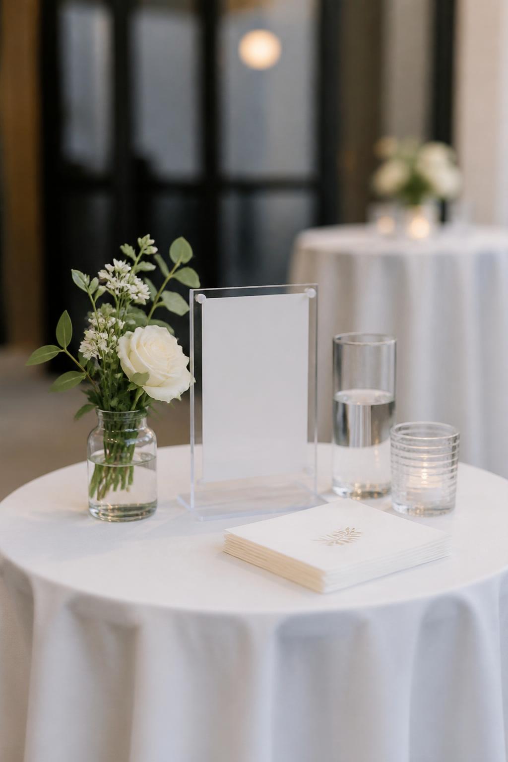 Image Prompt:
A modern wedding cocktail table photo showing a small clear acrylic sign placed on a round cocktail table, styled with a tiny floral arrangement, white linen, cocktail napkins, and clear glassware. The sign has no readable text. Clean modern reception setting, no visible faces, no watermark, realistic DSLR editorial photo, (no watermarks on images)