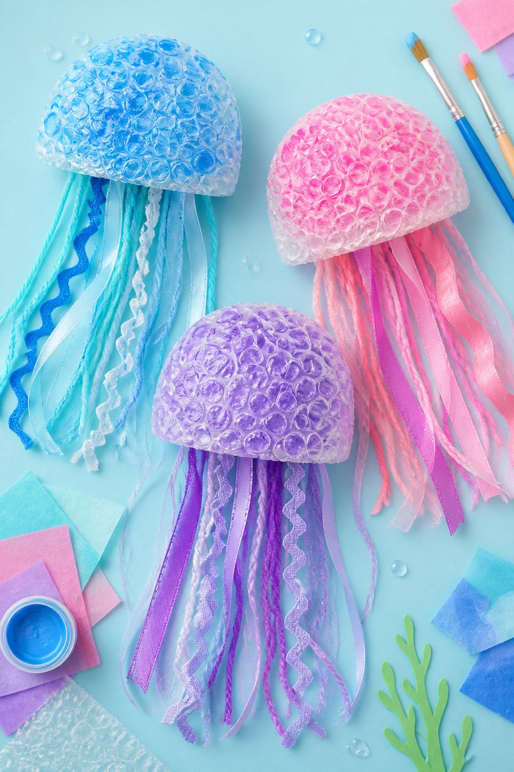 Detailed Image Prompt:
A bright ocean-themed kids’ craft image showing bubble wrap jellyfish, rounded bubble wrap tops painted in soft blue, pink, and purple, long ribbon and yarn tentacles hanging below, displayed against a light blue background, paintbrushes and paper scraps nearby, clean summer craft photography, no children, no faces, no text, no watermark on images.