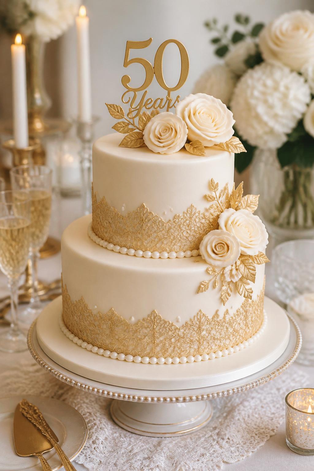 Image Prompt: A timeless golden wedding anniversary cake with smooth ivory fondant, delicate edible gold lace details, pearl accents, and soft cream sugar roses. Place it on a classic cake stand with lace linen, candles, crystal glasses, and white floral decor. Make it graceful, romantic, and realistic, with luxury editorial styling, no people, no faces, no watermark. (no watermarks on images)