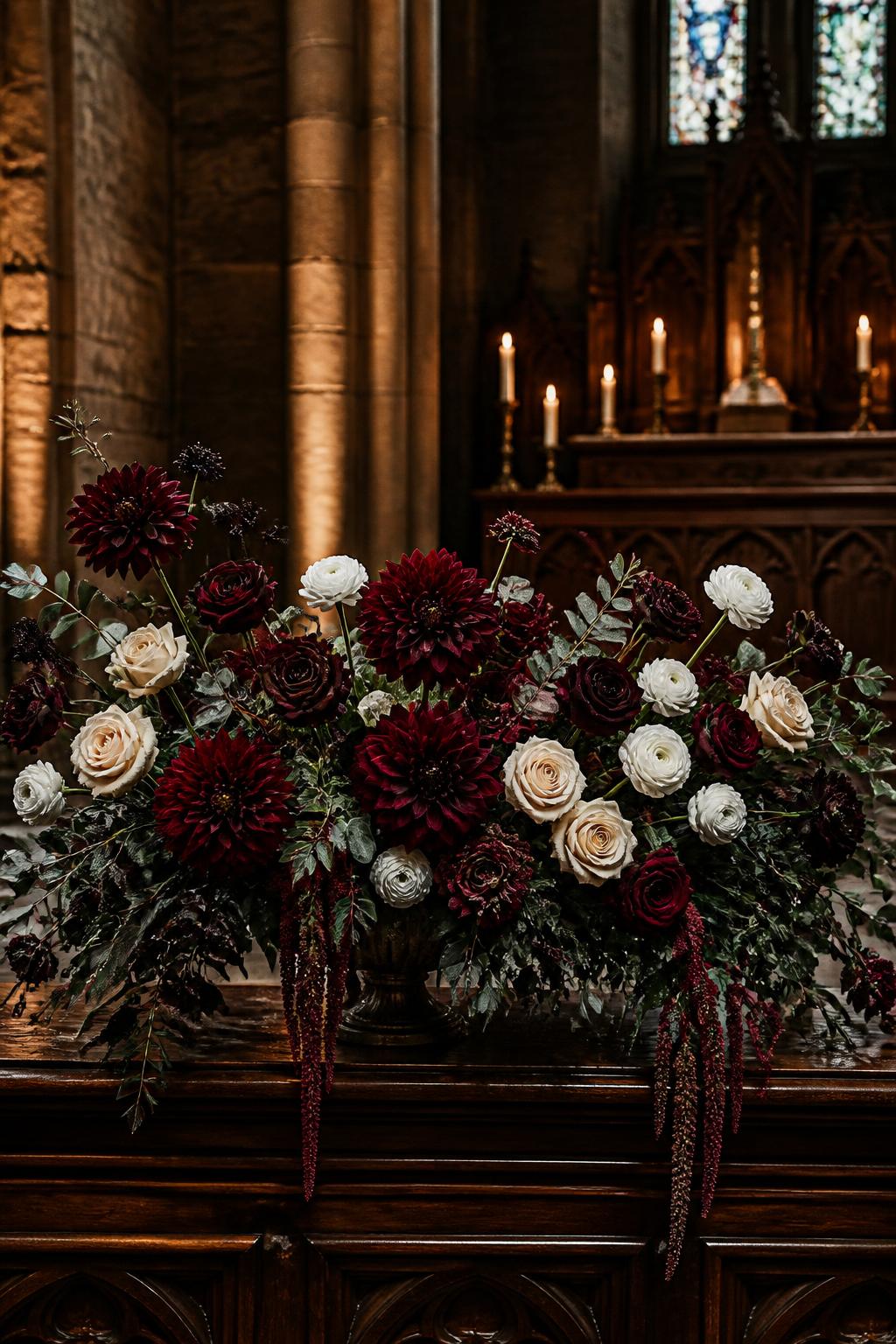 Image Prompt:
A dramatic church altar flower arrangement with burgundy dahlias, deep red roses, cream roses, ivory ranunculus, dark greenery, and soft trailing amaranthus, arranged in a wide low vessel in front of a wooden altar, moody candlelight, old stone church interior, rich romantic color palette, no people, no faces, elegant floral design, realistic textures, professional editorial photography, no text, no watermark.