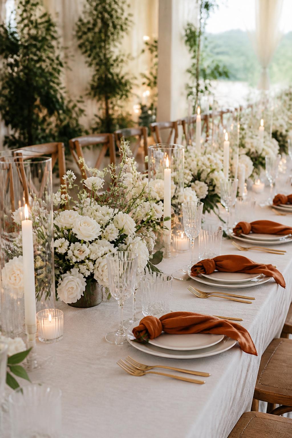 Image Prompt:
A professional editorial wedding reception photo showing a long rectangle wedding table styled with burnt orange linen napkins, low white floral centerpieces with white roses and ivory blooms, soft greenery, ivory taper candles, white plates, gold flatware, and clear crystal glasses. Elegant garden or indoor wedding reception setting, no visible faces, no full people, table-focused composition, realistic DSLR wedding photography, no text, no watermark, (no watermarks on images)