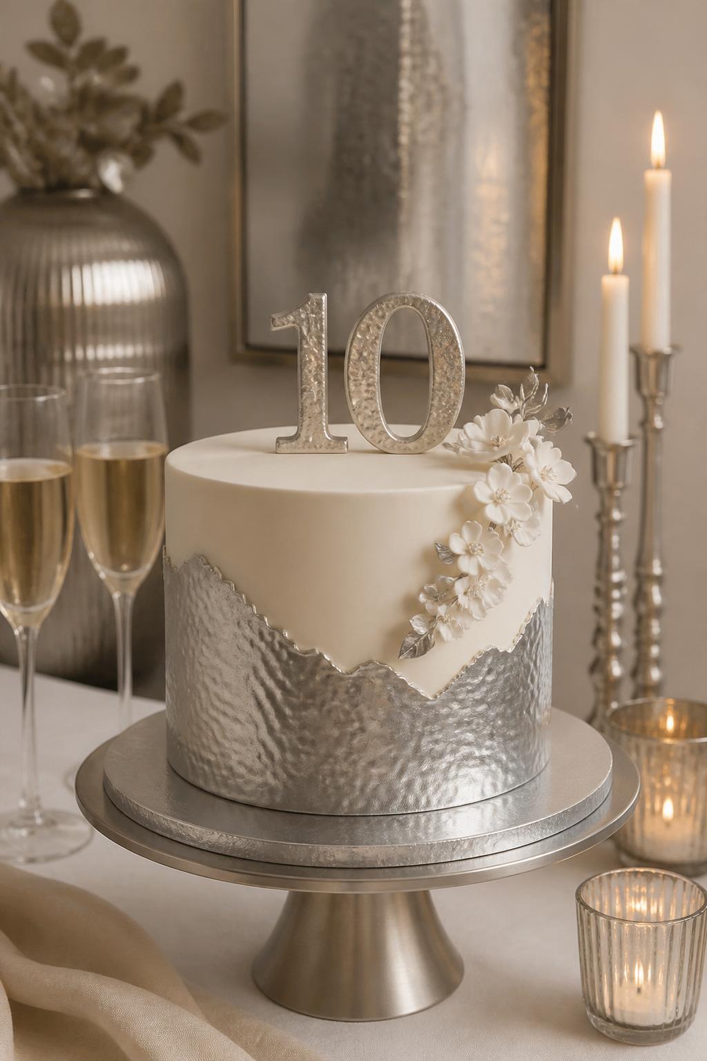Image Prompt: A stylish 10th anniversary cake inspired by tin, with smooth ivory fondant, brushed silver metallic texture, subtle hammered-effect details, and small white flowers. Place it on a modern cake stand with candles, champagne flutes, and soft neutral decor. Make it look creative, elegant, and realistic, no people, no faces, no text overlay, no watermark. (no watermarks on images)