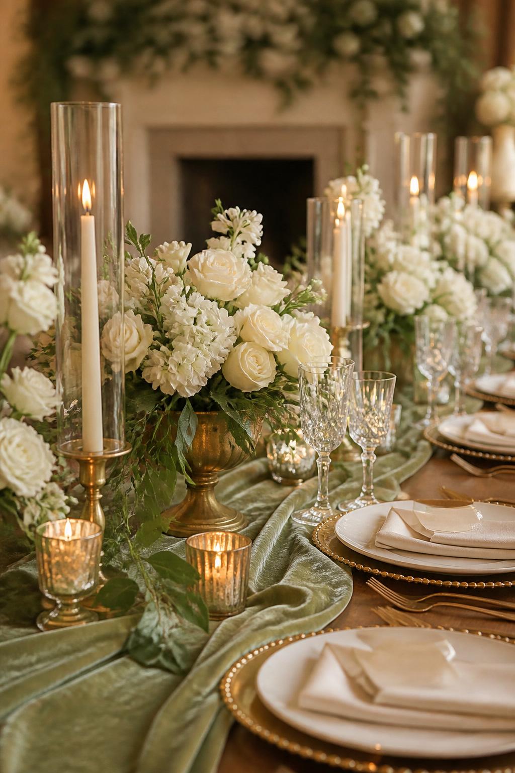 Image Prompt:
An elegant wedding reception table with a sage green velvet runner, ivory roses, white flowers, gold candle holders, white plates, crystal glasses, and warm candlelight. Romantic indoor reception setting, no visible faces, no full people, no text, no watermark, realistic wedding magazine photography, (no watermarks on images)