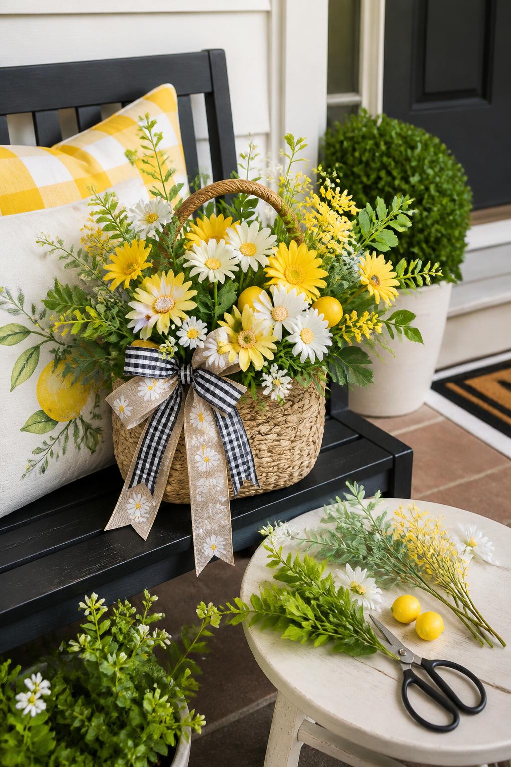 Detailed Image Prompt:
A charming summer decor craft photo showing a Dollar Tree basket filled with faux summer flowers, greenery, ribbon, and small lemon accents, styled on a front porch bench with bright seasonal pillows nearby, extra faux stems and scissors on a small table, polished budget floral craft look, no people, no faces, no readable text, no watermark on images.