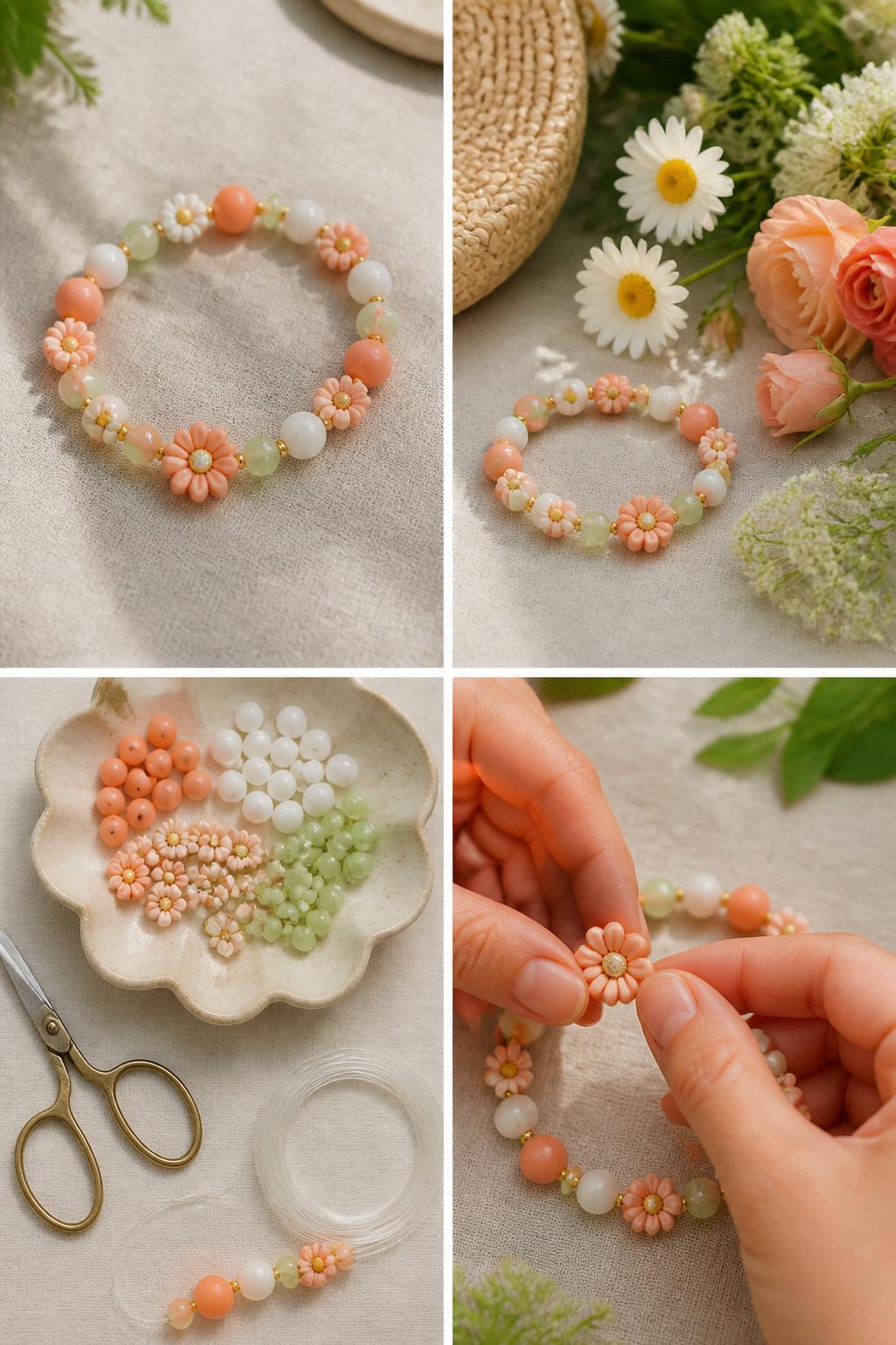 Detailed Image Prompt:
A realistic editorial 2x2 collage grid showing a peach flower clay bead bracelet, top-left finished bracelet with peach, white, pale green, and tiny flower beads on linen fabric, top-right bracelet styled beside fresh summer flowers and a woven bag, bottom-left flat lay of peach clay beads, white beads, green beads, daisy beads, elastic cord, scissors, and bead tray, bottom-right cropped hands placing a flower bead in the center of the bracelet, soft garden summer craft scene, no faces, no text, no watermark on images.