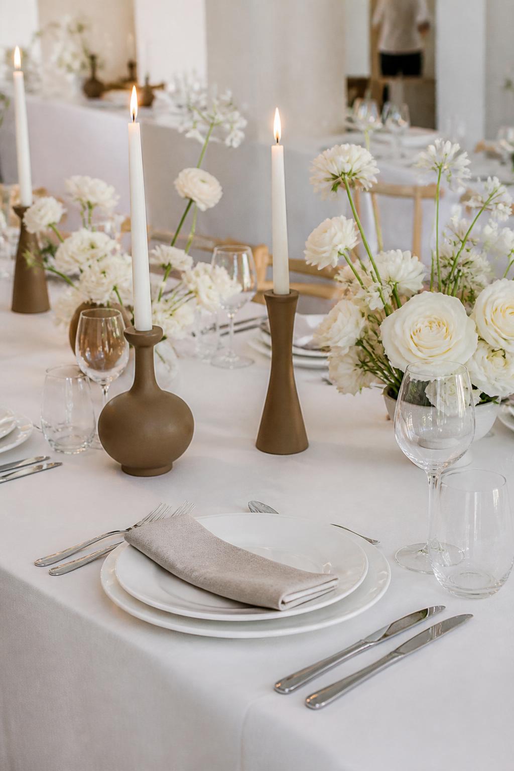 Image Prompt:
A minimal wedding table styled with crisp white linen, brown ceramic candle holders, white flowers, white plates, clear glasses, folded neutral napkins, and simple polished flatware. Bright modern reception setting, no visible faces, no text, no watermark, realistic editorial photography, (no watermarks on images)