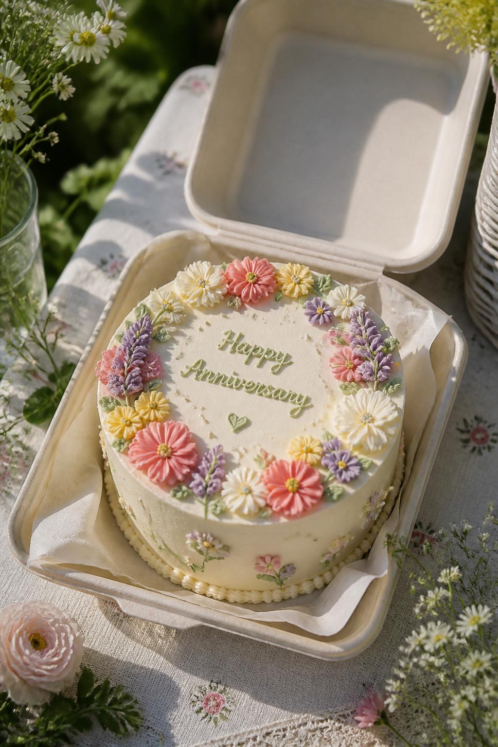Image Prompt: A small floral garden bento anniversary cake with smooth white buttercream, tiny buttercream flowers in pink, yellow, lavender, and cream, soft green leaves, and delicate piped edging. Style it inside an open bento box on a garden-style table with linen, small flowers, and natural daylight. Use realistic buttercream flower texture, no people, no faces, no watermark. (no watermarks on images)