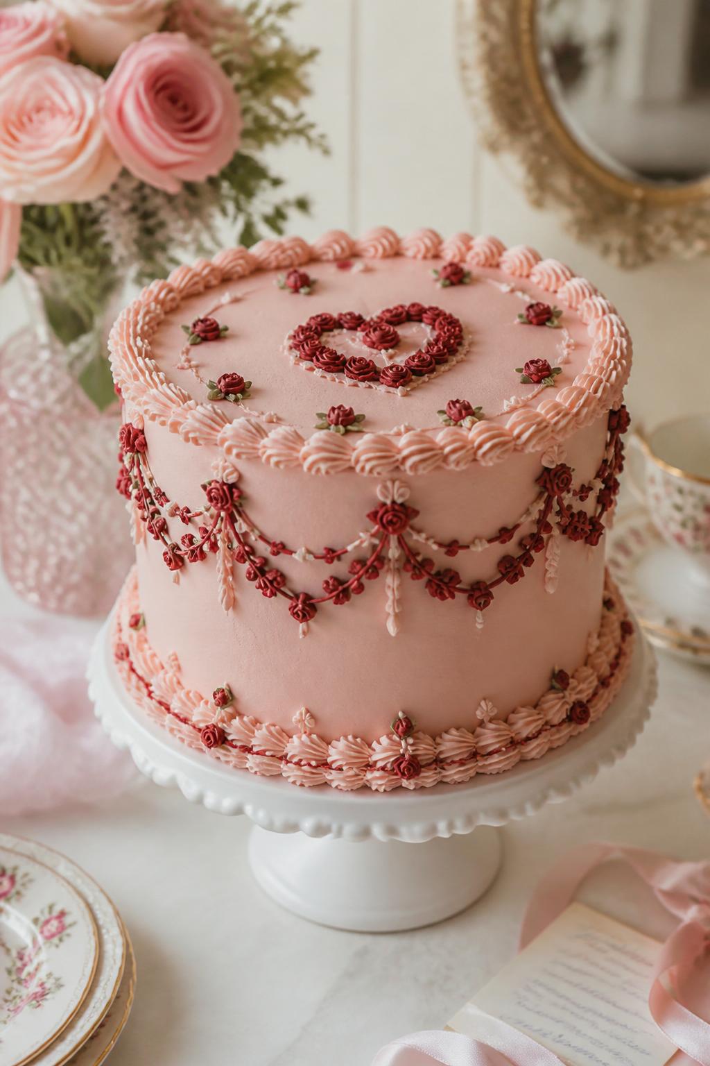 Detailed Image Prompt:
A romantic vintage cake with blush pink frosting, red piped floral garlands, tiny rosebuds, scalloped borders, and an ornate buttercream finish, styled on a white pedestal with feminine celebration decor, realistic DSLR cake photography, no people, soft daylight, no watermarks on images.