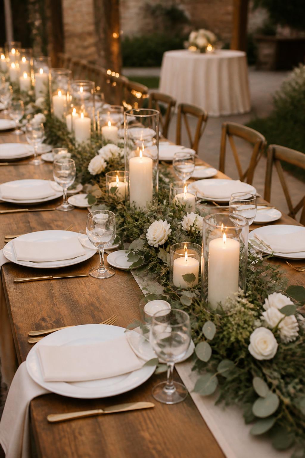 Image Prompt:
A beautiful wedding table photo showing a long greenery garland running down the center of a table, styled with cream pillar candles in different heights, white flowers, white plates, linen napkins, clear glassware, and warm romantic lighting. Outdoor or rustic wedding reception setting, no visible faces, no text, no watermark, realistic editorial wedding photography, (no watermarks on images)