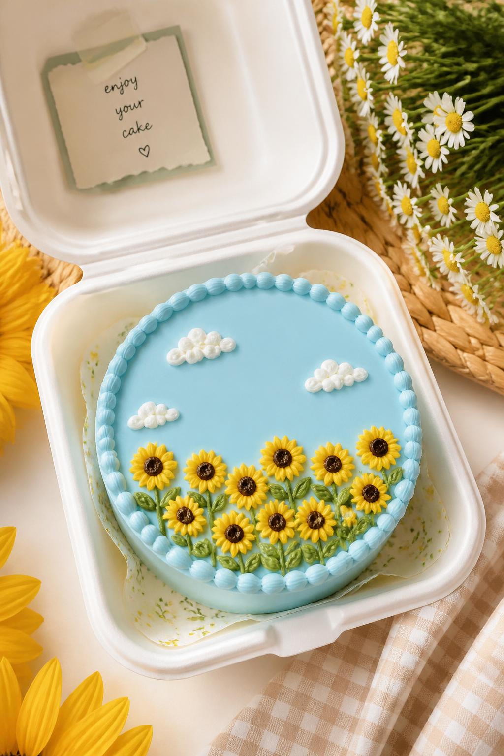Image Prompt:
A sunflower field inspired bento cake inside an open white bento cake box, smooth sky blue frosting, tiny piped sunflowers along the bottom edge like a field, small white cloud details, neat border, cheerful outdoor-inspired styling, realistic editorial dessert photography, bright soft light, no people, no hands, no faces, no watermarks on images