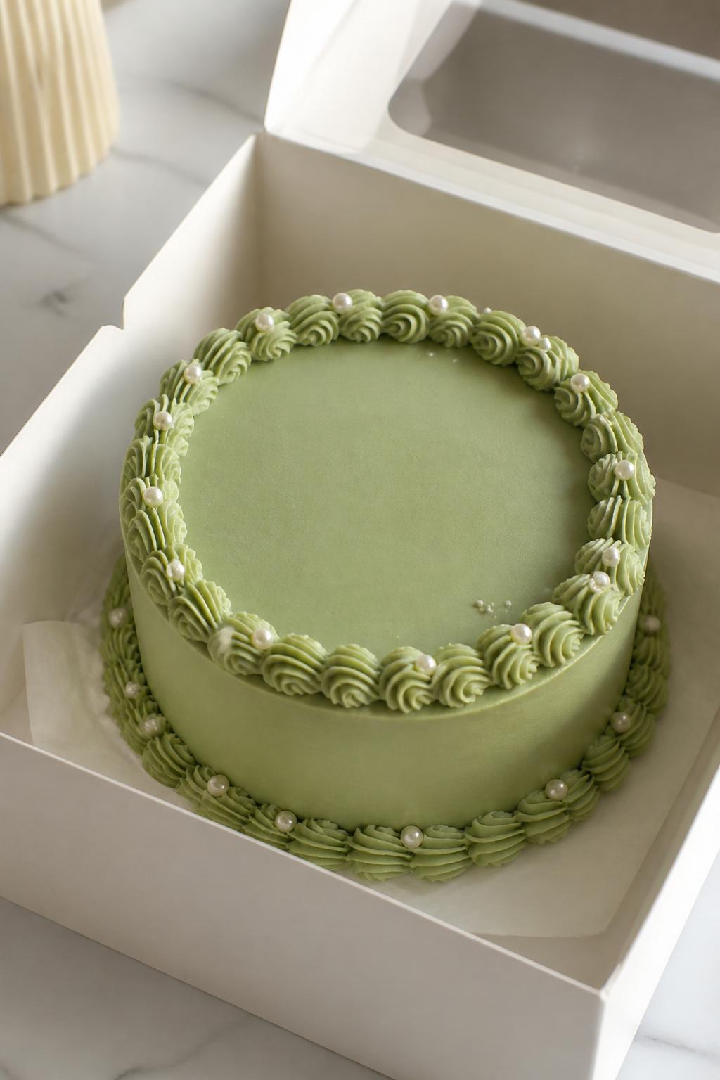 Image Prompt:
A beautiful green pearl bento cake inside a white cake box, smooth dusty green frosting, tiny edible pearl accents placed neatly around the top edge, elegant piped border, soft luxury bakery styling, clean backdrop, realistic editorial dessert photography, no people, no hands, no faces, no watermarks on images