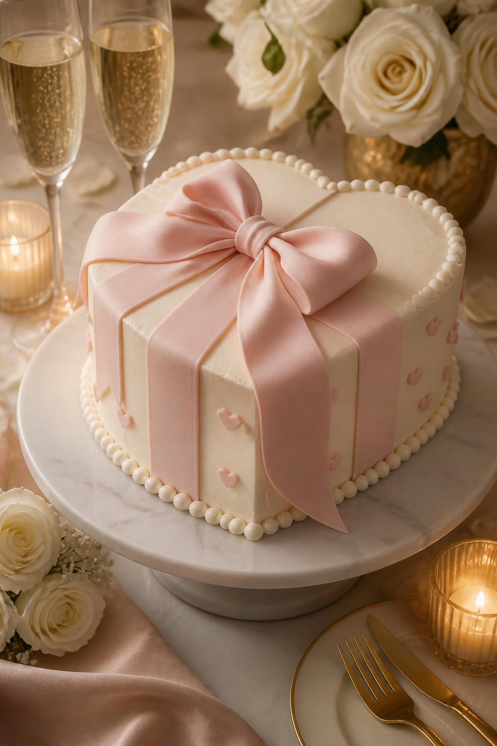 Image Prompt: An elegant love anniversary cake with smooth ivory buttercream, a soft blush fondant bow, pearl borders, and small heart-shaped accents. Place it on a marble cake stand with champagne glasses, white roses, gold cutlery, and soft candlelight. Make it look gift-like, romantic, and high-end, no people, no faces, no text overlay, no watermark. (no watermarks on images)