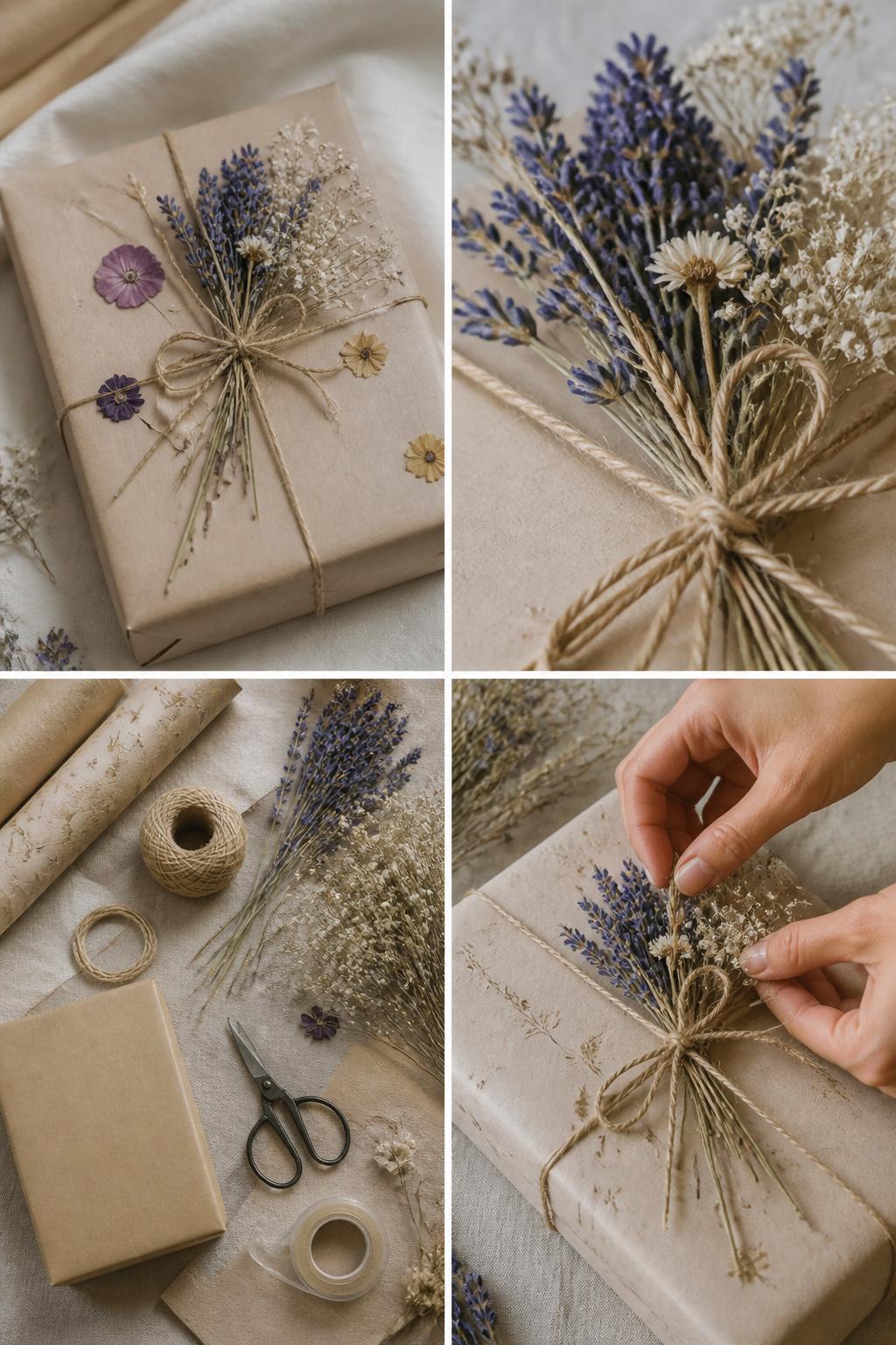 Detailed Image Prompt:
A realistic editorial 2x2 collage grid showing dried flower gift wrapping, top-left finished gift wrapped in matte paper with twine and dried lavender, baby’s breath, and small pressed flowers, top-right close-up of dried flower bundle and twine knot, bottom-left flat lay of wrapping paper, twine, dried flowers, scissors, tape, and gift box, bottom-right cropped hands tucking dried flowers under twine on the gift, soft romantic wrapping table setting, no faces, no text, no watermark on images.