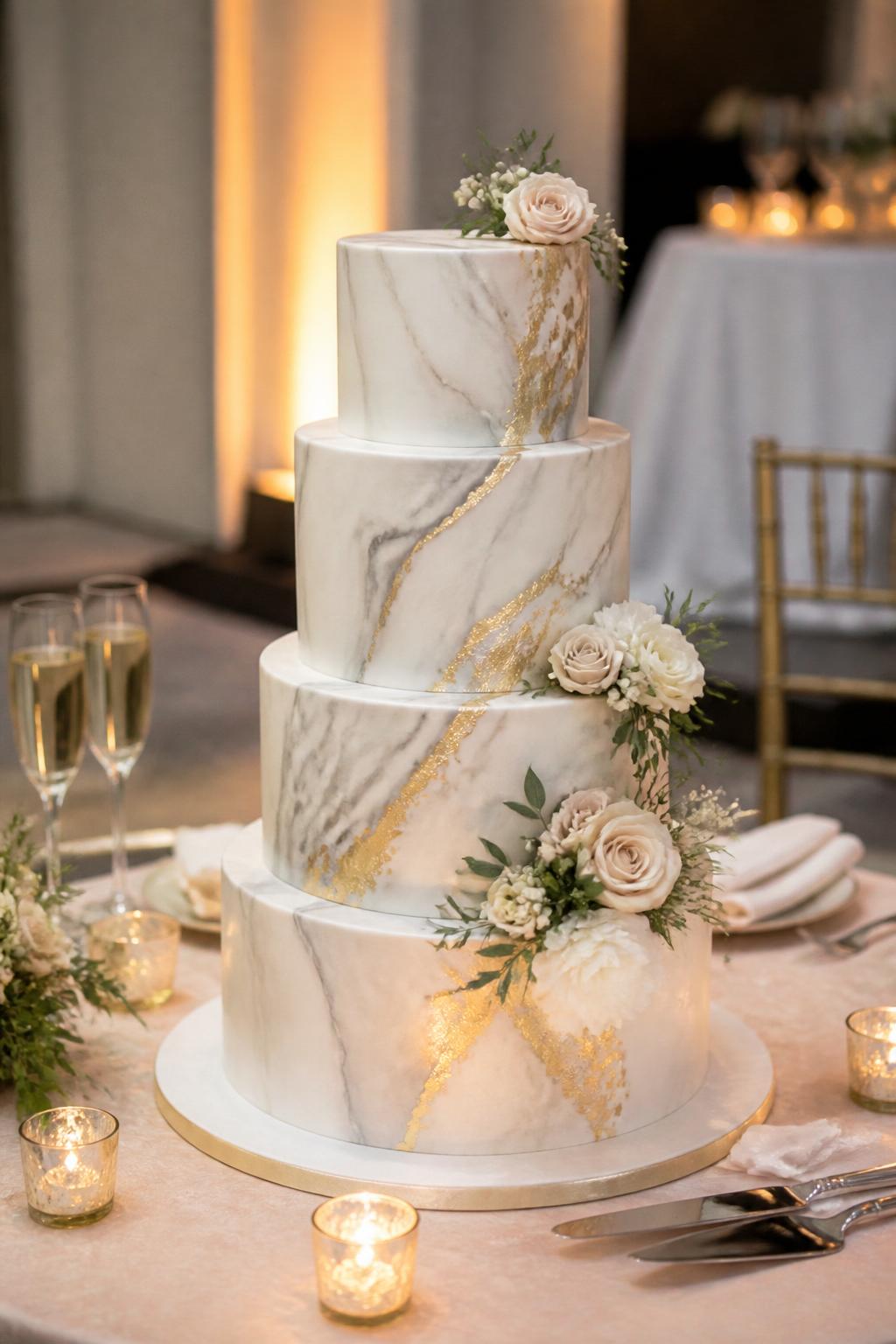 Image Prompt: Ultra-realistic wedding reception photo of a metallic marble wedding cake with smooth white, gray, or beige marbled tiers and delicate metallic gold, silver, or champagne accents. Add refined floral details and clean modern styling. Place the cake on a polished reception cake table with candles, modern florals, champagne glasses, fine linens, and a softly blurred wedding venue backdrop. Keep the cake as the main focus. No visible faces. If guests appear, show only back views, side views in blur, cropped hands, or neck-down figures. Realistic marble icing texture, subtle metallic shine, elegant DSLR wedding photography. (no watermarks on images)