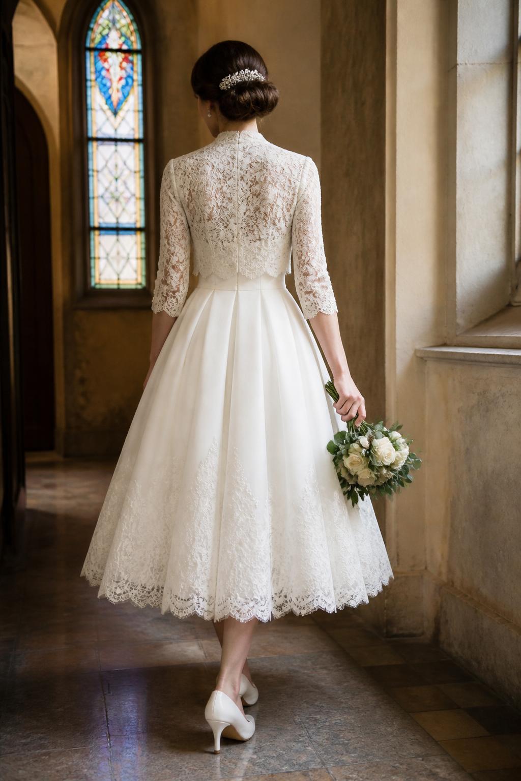 Image Prompt: A polished bridal editorial photograph of a tea-length wedding dress styled with a vintage-inspired lace bolero. Show the bride from the neck down or from behind with the face fully hidden. The bolero has delicate lace, a modest neckline, and classic sleeve detail, paired with a tea-length skirt that feels graceful and retro. Set in a charming chapel or old-world bridal space with soft natural light, realistic lace texture, editorial quality, no visible face, no text, no watermark. (no watermarks on images)