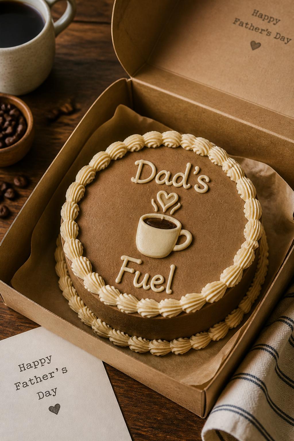 Image Prompt:
A Father’s Day coffee themed bento cake inside an open kraft bento cake box, smooth mocha brown frosting, cream piped border, small buttercream coffee cup icon in the center, heart-shaped steam detail, icing text reading “Dad’s Fuel,” cozy cafe-inspired styling, warm natural light, realistic bakery photography, no people, no hands, no faces, no watermarks on images