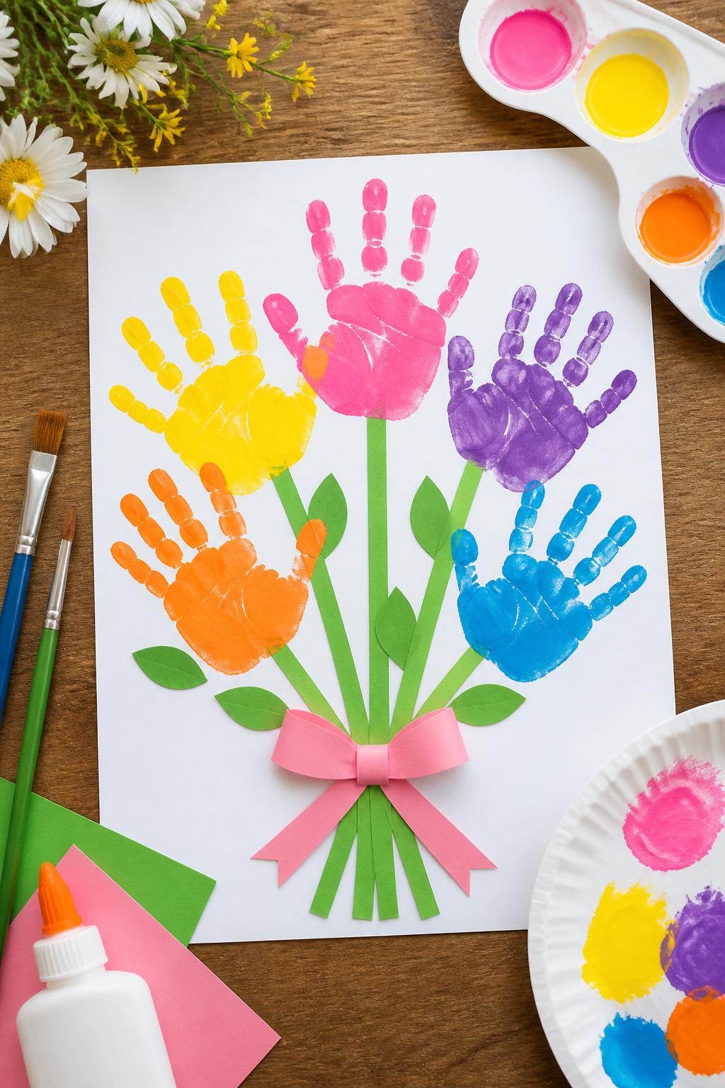 Detailed Image Prompt:
A bright summer garden craft photo showing a handprint flower bouquet, multiple painted handprints in pink, yellow, purple, orange, and blue used as flower heads, green paper stems tied with a paper ribbon, white cardstock background, washable paint, brushes, and glue nearby, sweet keepsake craft style, no people, no faces, no text, no watermark on images.