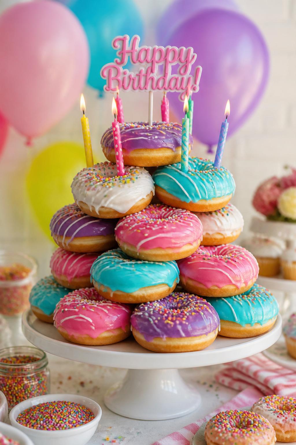 Detailed Image Prompt:
A fun birthday donut tower cake made with colorful iced donuts, white drizzle, sprinkles, small birthday candles placed carefully on top, and a cute topper, styled on a cheerful party dessert table with balloons in the background, realistic DSLR dessert photography, no people, no watermarks on images.