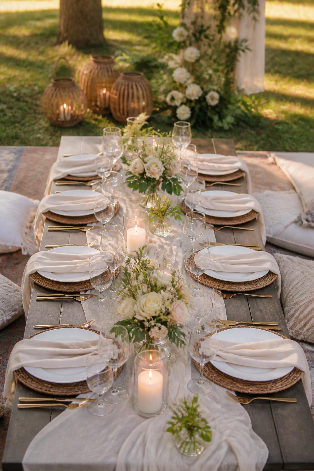 Image Prompt:
A stylish wedding picnic table photo showing neutral linen, rattan chargers, white plates, folded ivory napkins, small floral arrangements, clear glassware, and soft candlelight. Outdoor boho garden wedding setting, no visible faces, no text, no watermark, professional DSLR wedding photography, (no watermarks on images)