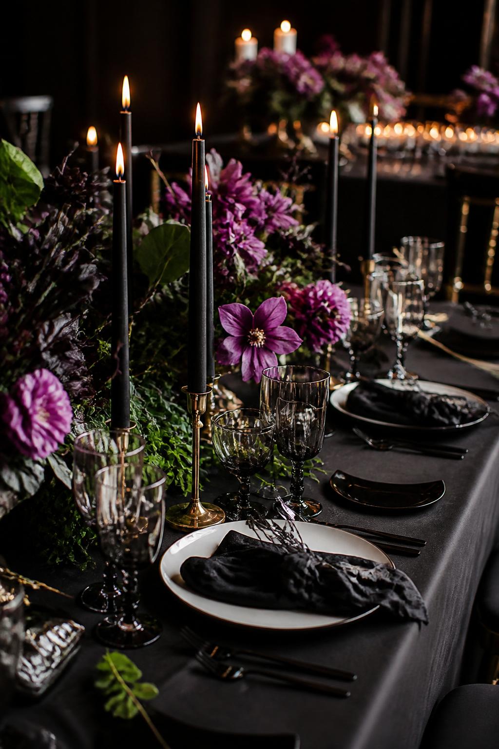 Image Prompt:
A dramatic wedding table photo showing deep purple flowers, black taper candles, matte black flatware, white plates, smoky glassware, dark greenery, and warm low lighting. Stylish evening wedding reception setting, no visible faces, no text, no watermark, realistic DSLR editorial photography, (no watermarks on images)