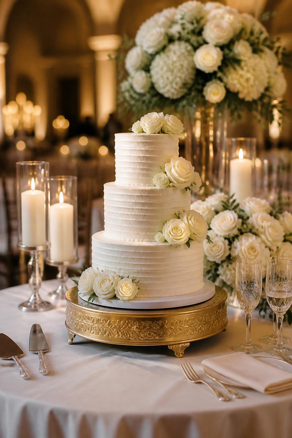 Image Prompt:
A classy wedding cake table photo showing a white wedding cake displayed on a gold cake stand, surrounded by white roses, ivory candles, crystal glassware, soft linen, and warm elegant lighting. Formal reception setting, no visible faces, no text, no watermark, realistic DSLR wedding photography, (no watermarks on images)