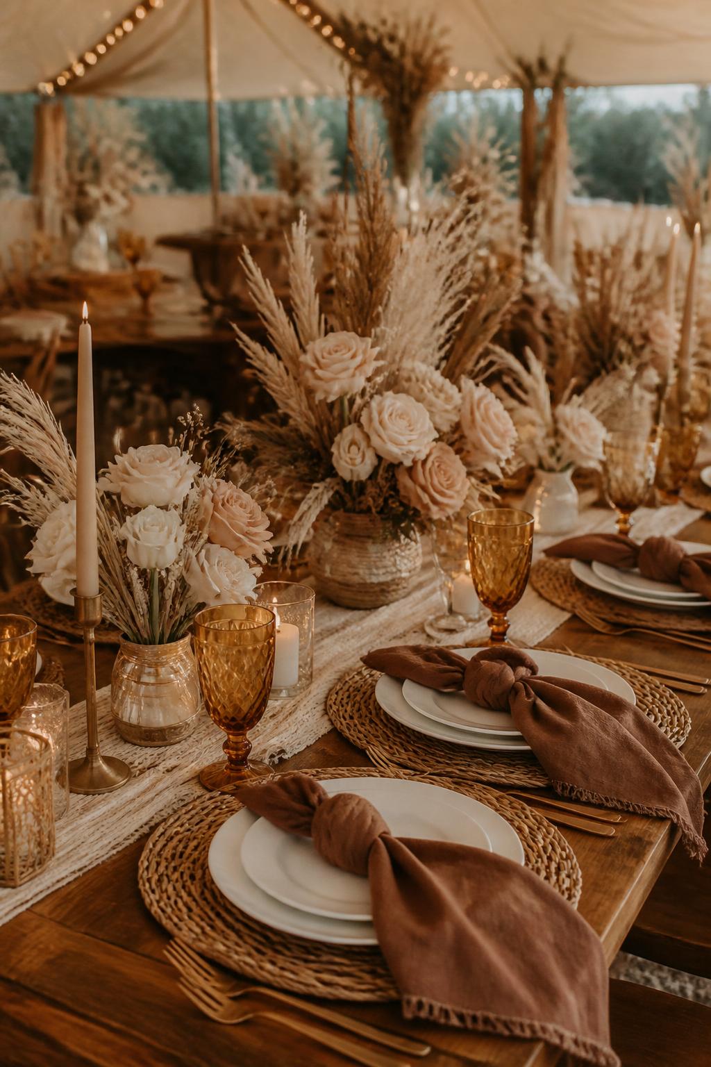 Image Prompt:
A chic boho autumn wedding table styled with brown and cream tones, pampas grass, dried flowers, beige roses, rattan chargers, brown linen napkins, amber glassware, white plates, and soft candlelight. Outdoor tented or barn reception setting, no visible faces, no text, no watermark, realistic editorial wedding photography, (no watermarks on images)