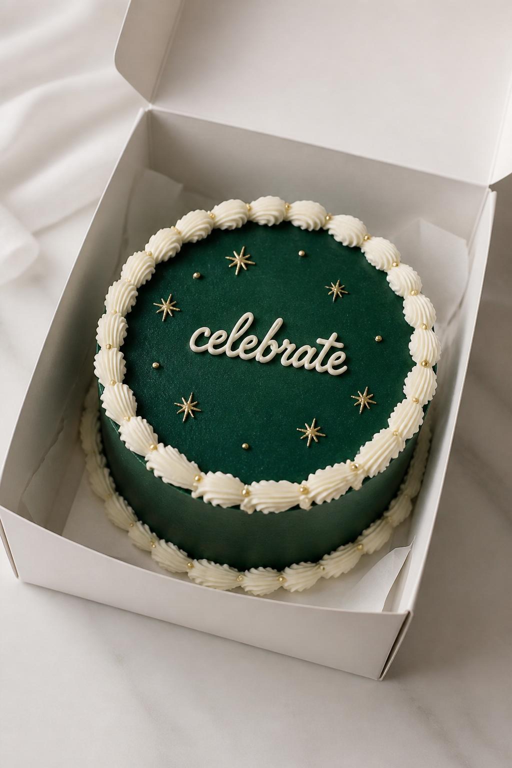Image Prompt:
An elegant emerald green bento cake inside an open white cake box, smooth deep emerald frosting, crisp white piped border, subtle gold star accents, short icing text reading “celebrate,” polished modern dessert styling, soft studio light, realistic editorial bakery photography, no people, no hands, no faces, no watermarks on images