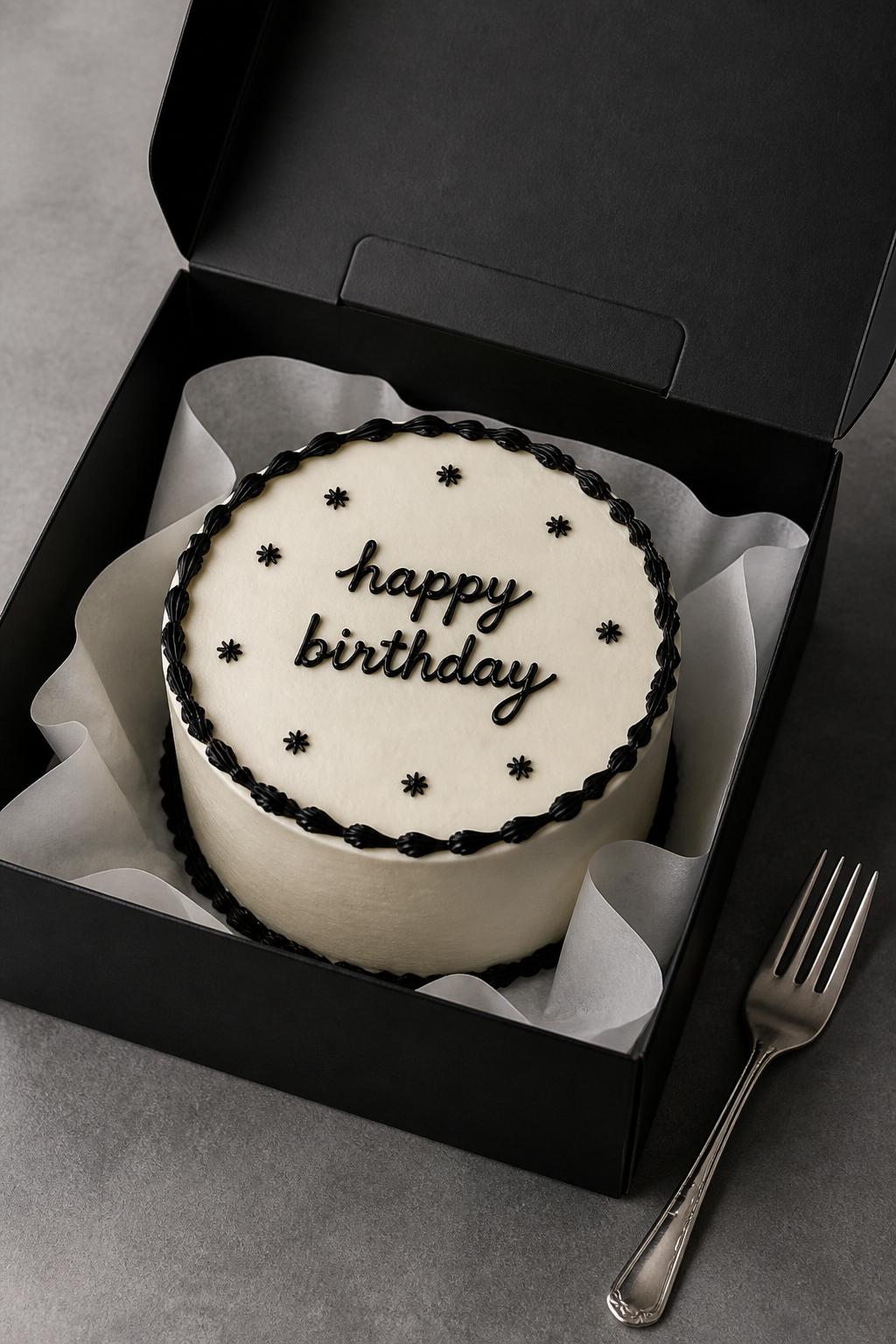 Image Prompt:
A stylish bento cake for men inside an open black cake box, smooth white buttercream frosting, clean black piped border, short handwritten icing text that says “happy birthday,” tiny black star accents, modern masculine dessert styling, silver mini fork beside the box, soft studio lighting, realistic editorial bakery photography, no people, no hands, no faces, no watermarks on images