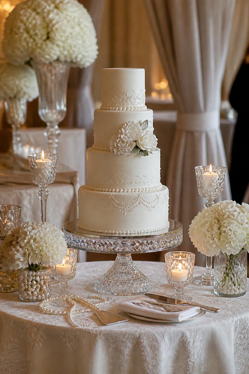 Image Prompt:
An elegant wedding cake table photo showing a white wedding cake on a crystal cake stand, with pearl-inspired decor accents, crystal candle holders, white flowers, ivory linen, and soft glowing light. Refined indoor reception setting, no visible faces, no text, no watermark, realistic professional wedding photography, (no watermarks on images)