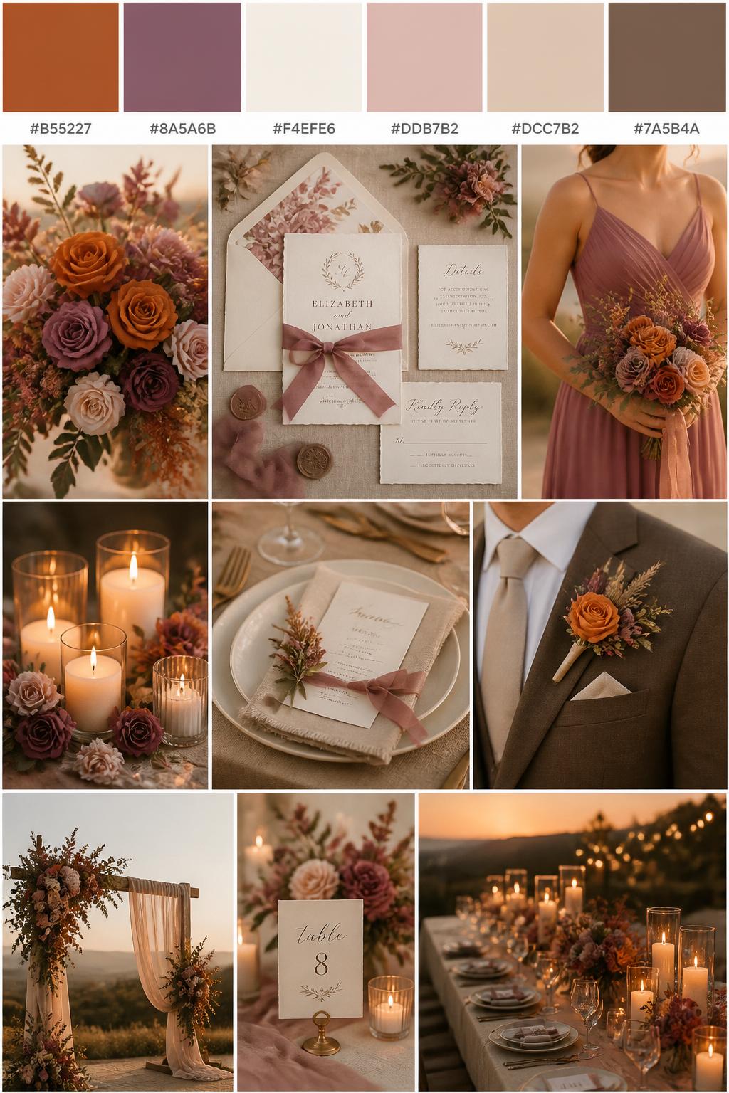 A realistic Pinterest-style wedding palette board with a top row of swatches and hex codes in burnt orange, mauve, cream, dusty blush, warm beige, and muted brown. Below the swatches, create a cohesive collage of wedding visuals: burnt orange floral accents, mauve flowers, cream candles, elegant place settings, invitation suites with ribbon, a cropped-from-neck bridesmaid dress shot, a groom suit detail with boutonniere and no face visible, and a romantic tablescape glowing under warm sunset light. Use varied compositions with no full faces, including hands-only details, side-view figures, and no-people decor scenes. 9:16 vertical format. (no watermarks on images)