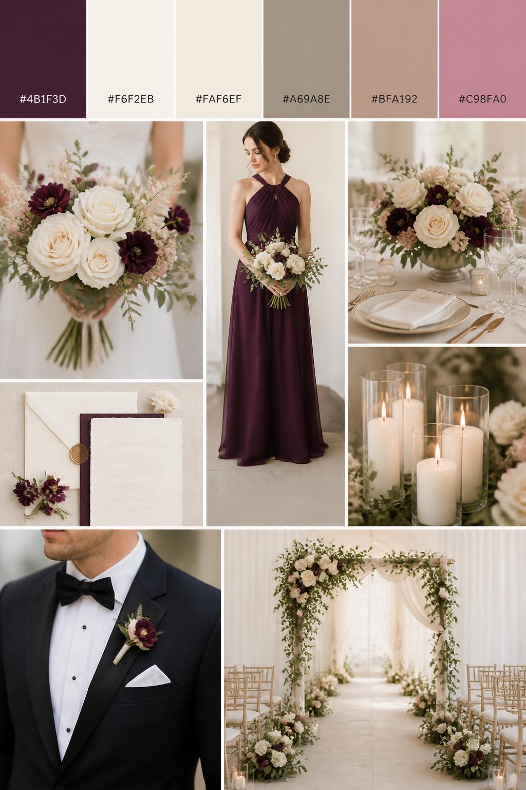A refined wedding mood board with a top row of color swatches and hex codes showing mulberry, ivory, cream, taupe, soft mocha, and muted rose. Below the swatches, show a clean wedding collage with ivory florals touched with mulberry blooms, a mulberry bridesmaid dress, ivory table linens, classic invitations, white candles, a groom in dark formalwear with a mulberry boutonniere, and a simple elegant ceremony scene. The style should be minimal, romantic, and realistic with soft natural lighting. 9:16 vertical format. No extra text except small hex codes on the palette strip. (no watermarks on images)