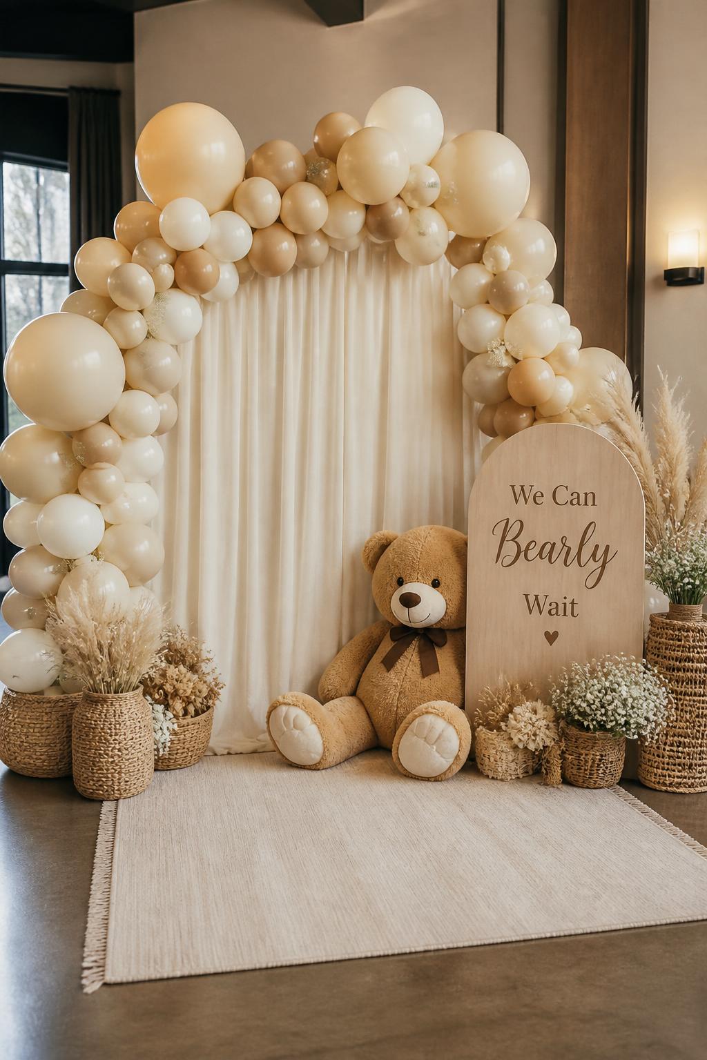 Image Prompt:
A realistic single-image baby shower backdrop for a “We Can Bearly Wait” theme, large cream and beige balloon arch framing a soft ivory fabric backdrop, oversized plush teddy bear seated at the base, wooden sign reading “We Can Bearly Wait” in elegant brown lettering, small pampas grass arrangements, woven baskets, cream rug, warm indoor party venue, no people, no faces, soft natural light, editorial baby shower decor photography, realistic balloon texture, cozy neutral styling, no watermarks on images
