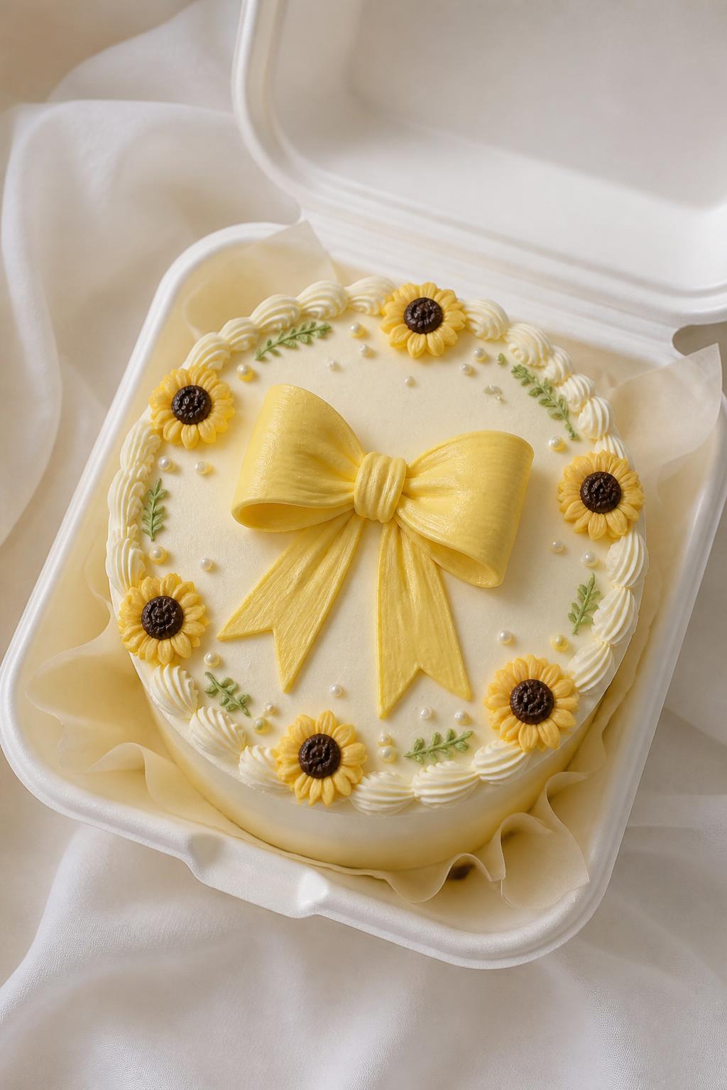 Image Prompt:
A beautiful sunflower bow bento cake inside an open white bento box, smooth cream frosting, central buttercream bow in soft yellow, tiny sunflower accents around the edges, pearl sprinkles, delicate piped border, sweet feminine bakery styling, realistic DSLR dessert photography, no people, no hands, no faces, no watermarks on images