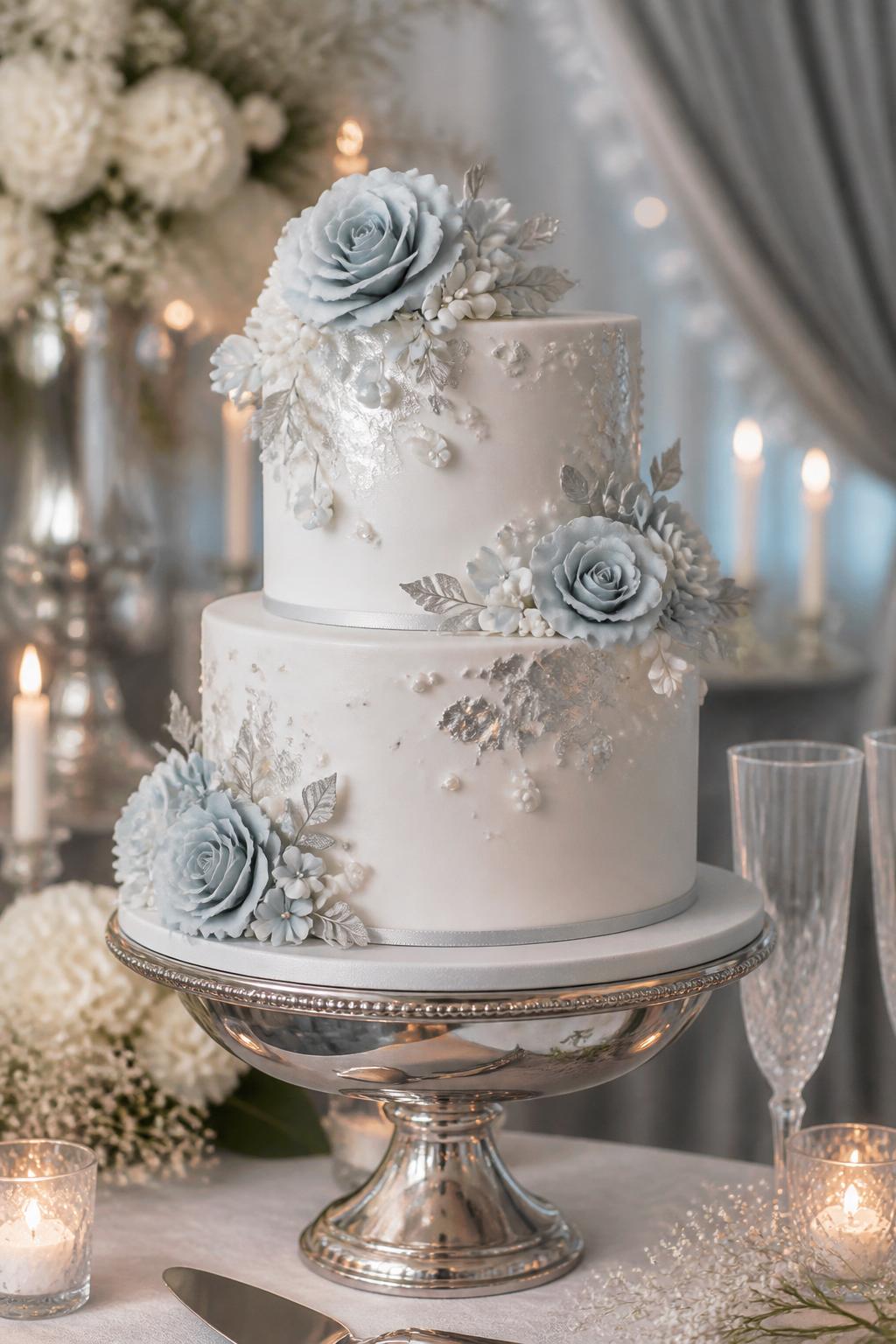 Image Prompt: A refined silver anniversary cake with smooth white fondant, soft silver leaf, pearl accents, and pale blue-gray sugar flowers. Style it on a silver cake stand with crystal glasses, white candles, and a soft luxury reception background. Make the cake look polished, elegant, and perfect for a 25th anniversary, with realistic metallic texture, no people, no faces, no text overlay, no watermark. (no watermarks on images)