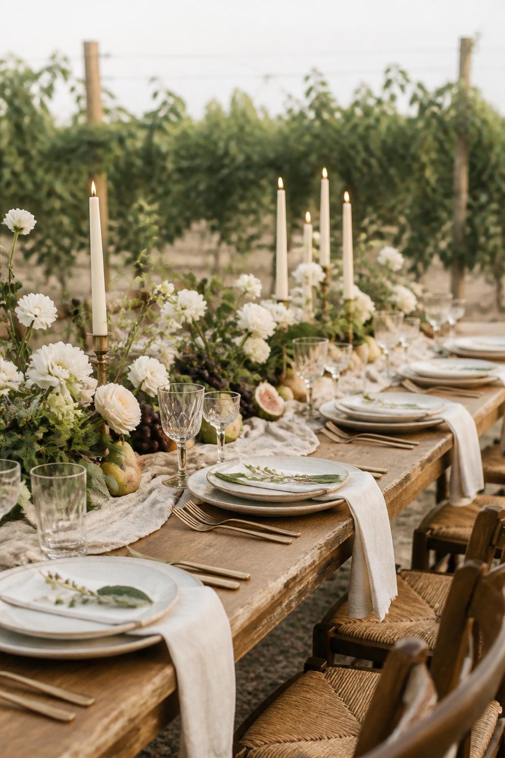 Image Prompt:
A romantic farm table wedding setup featuring a long wooden table decorated with greenery, soft white flowers, pears, figs, grapes, ivory candles, ceramic plates, linen napkins, and clear glassware. Vineyard or garden wedding reception setting with soft natural light, no visible faces, no text, no watermark, professional editorial photo, (no watermarks on images)