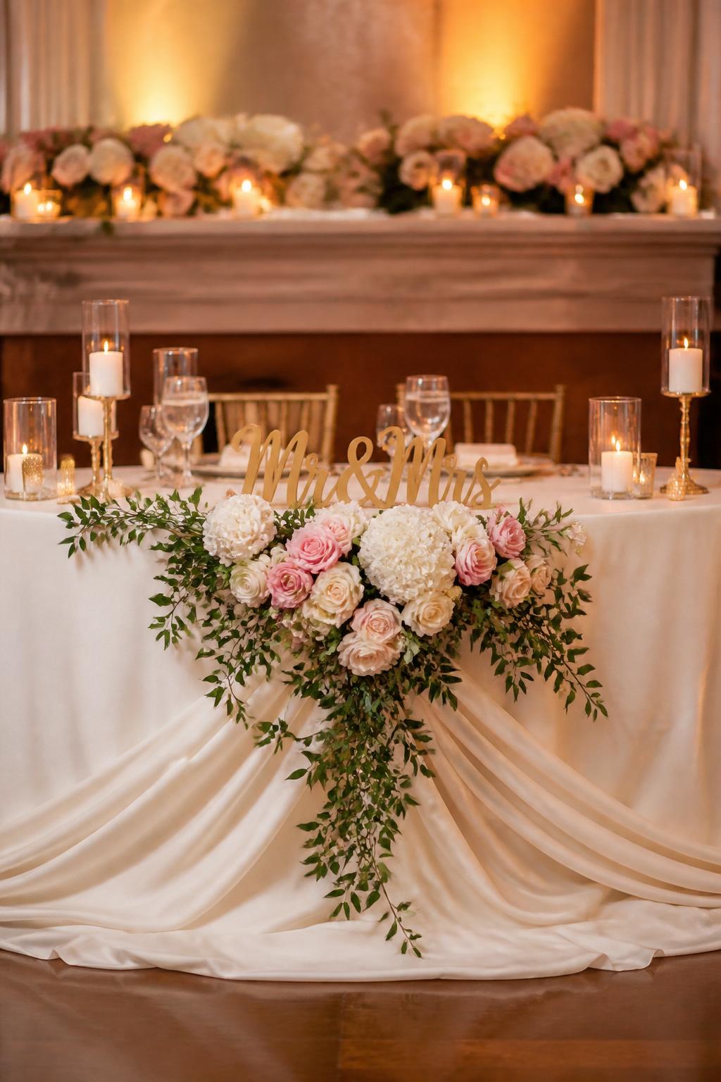 Image Prompt:
A romantic wedding sweetheart table with soft draped ivory linen flowing over the front, a floral swag attached to the center, a small Mr and Mrs sign, blush and white flowers, greenery, gold candle holders, and elegant place settings. Warm reception lighting, no visible faces, no full people, no watermark, professional DSLR wedding photo.