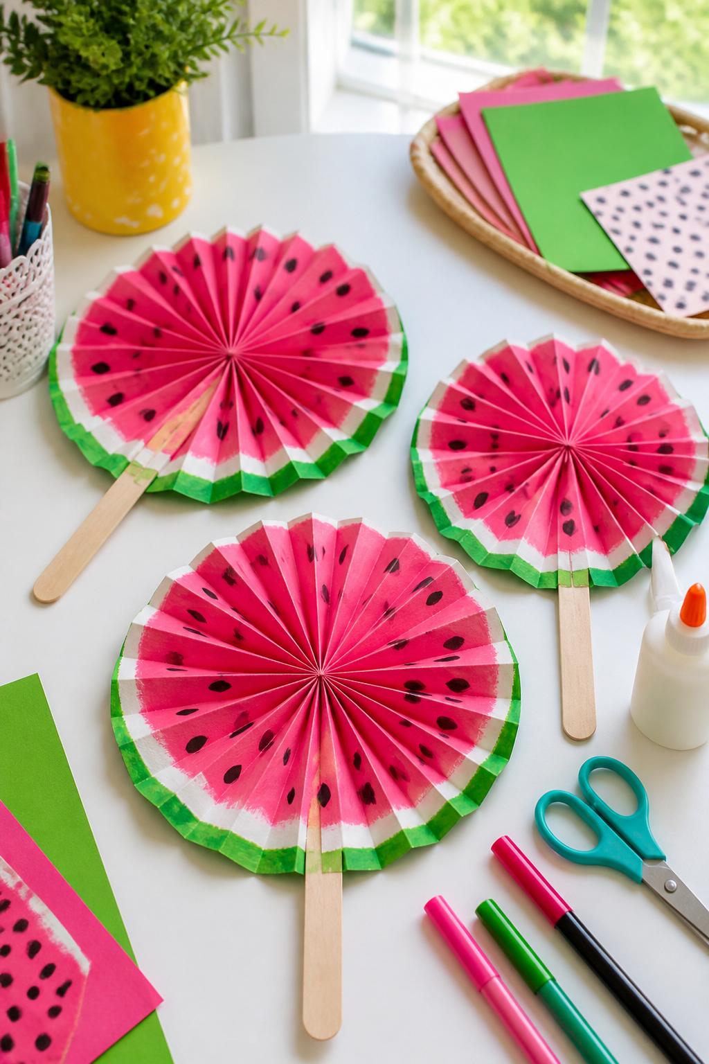 Detailed Image Prompt:
A bright editorial-style craft photo of handmade watermelon paper fans on a sunny kids’ craft table, round folded paper fans painted pink and green with black seed dots, wooden craft sticks attached as handles, scattered markers, glue, and child-safe scissors nearby, fresh summer feel, clean white tabletop, natural daylight, colorful but neat composition, no hands, no faces, no text, no watermark on images.